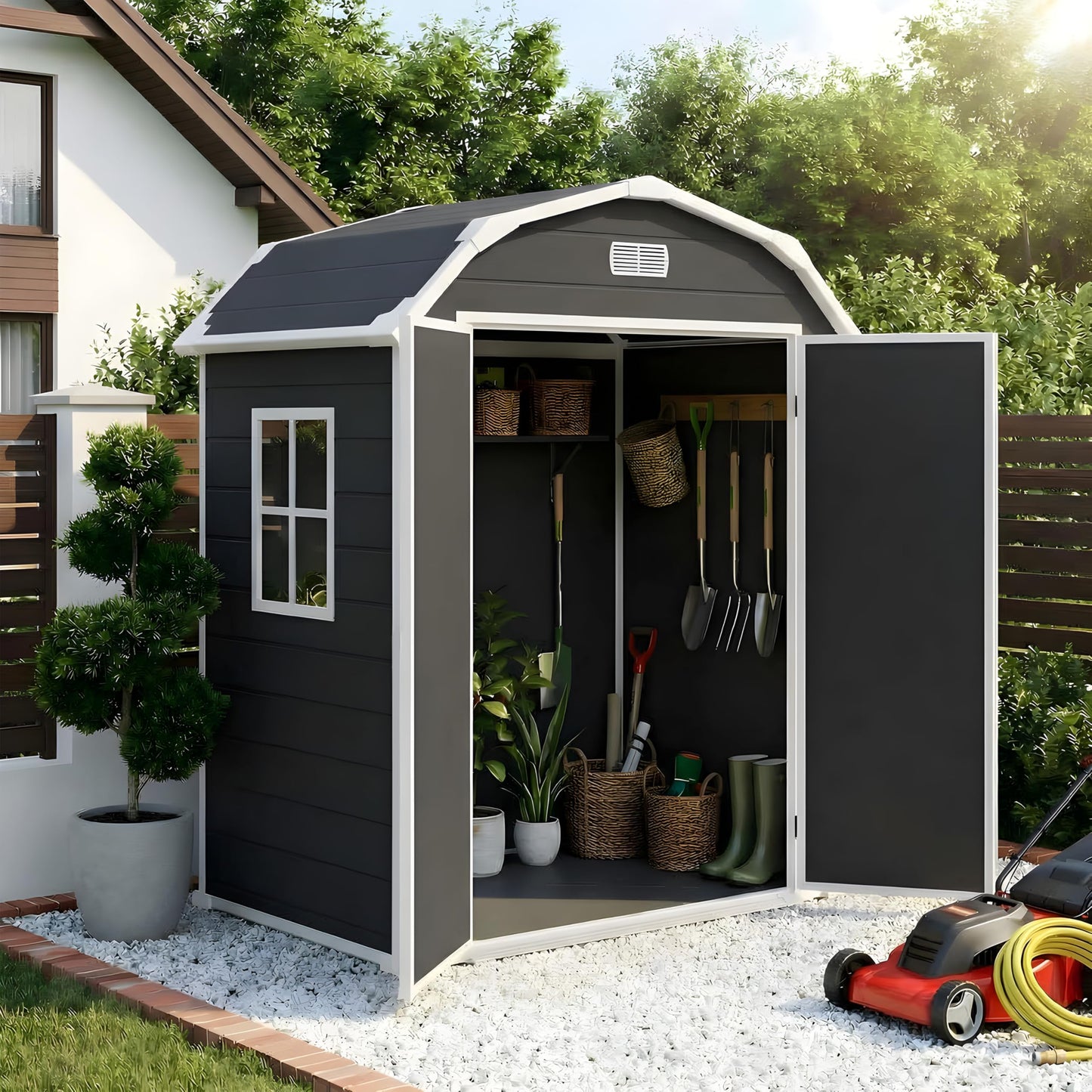 Heavy Duty 6x4.5 ft Resin Outdoor Storage Shed with Floor – Lockable & Weatherproof Garden Shed for Patio Furniture, Tools, Bikes, Lawn Mower – Secure Outdoor Storage Box with Window, Black