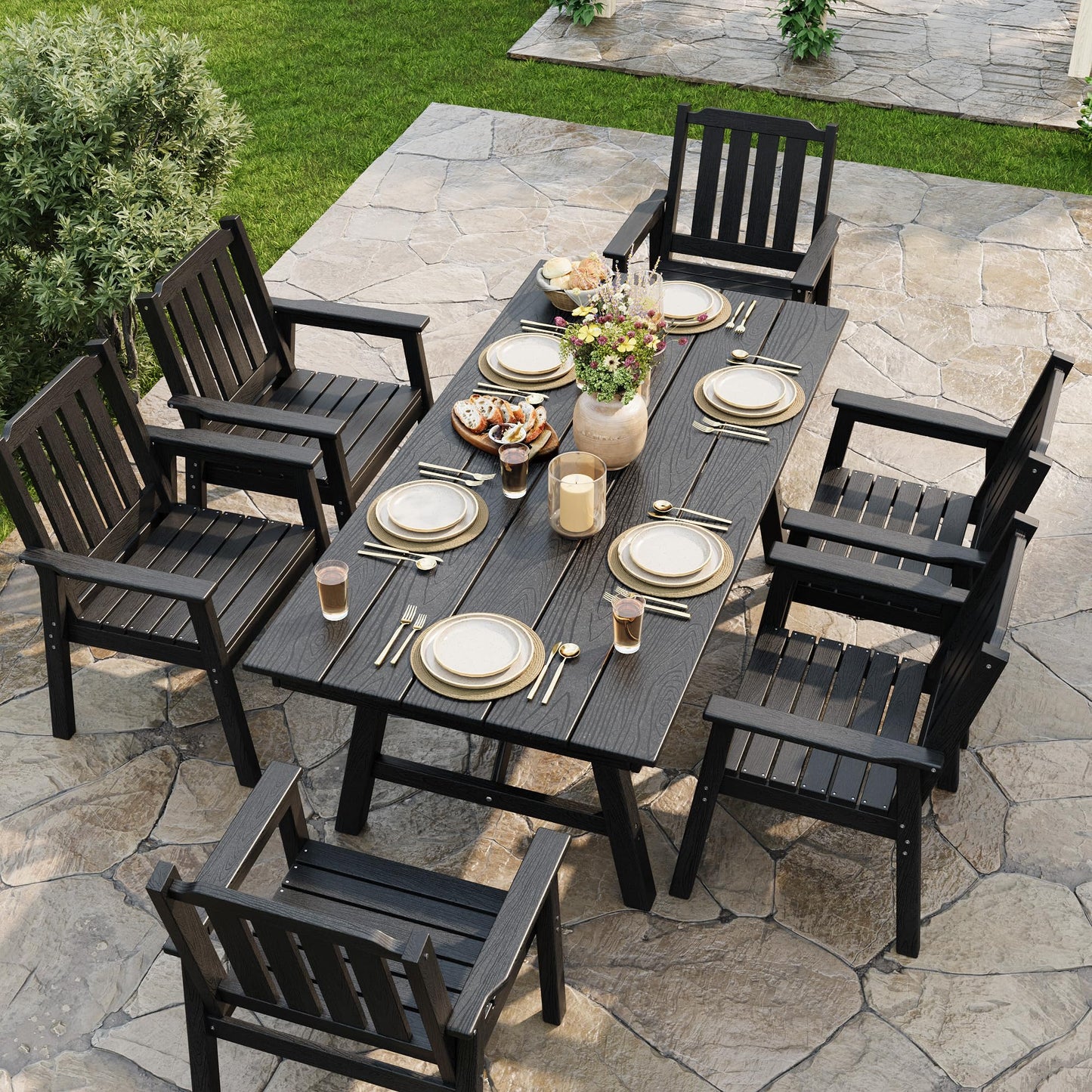 Garvee Outdoor Patio Dining Table Set for 6, 7 Piece Outdoor HDPE Dining Furniture Set with Umbrella Hole, Aluminum Frame, All-Weather Garden Table and 6 Chairs for Backyard Poolside, Black