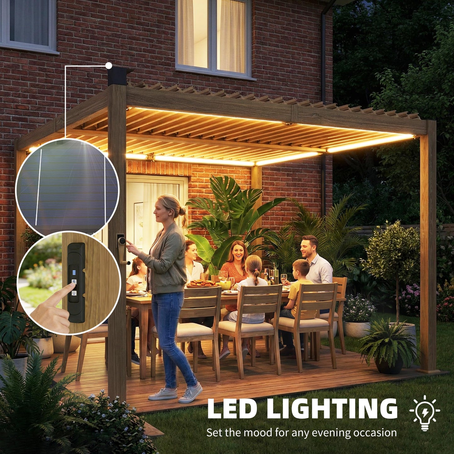 Outsunny Louvered Pergola with Solar LED Lights, 10' x 10' Outdoor Pergola Metal Patio Hardtop Gazebo with Adjustable Metal Louvered Roof, Drainage Gutters, Handle for Deck, Brown