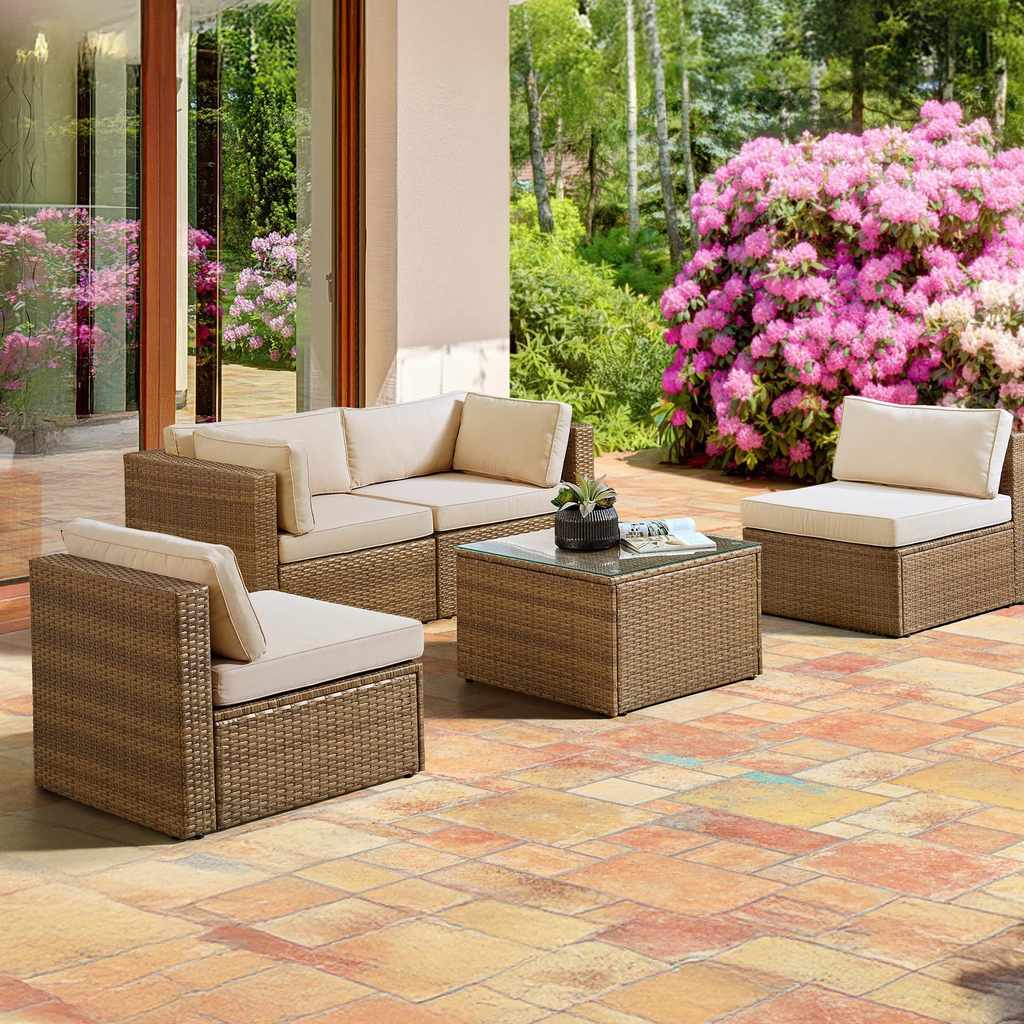 Alaterre Furniture Montara 5 Piece Modular Outdoor Patio Furniture Set - Weather-Resistant Wicker Rattan Patio Table and Chairs Set - Outdoor Couch Set for Backyard, Porch, or Deck (Tan/Cream)