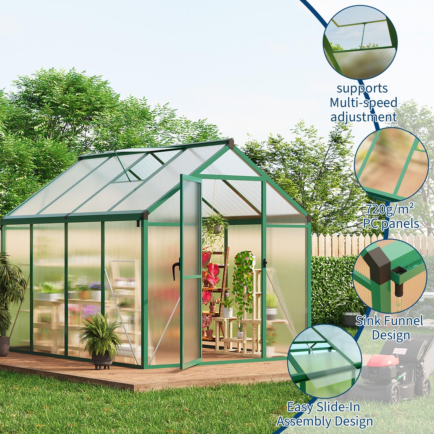 GarveeHome 6X8 FT Greenhouse for Outdoors, Large Walk-in Polycarbonate Greenhouse Kit, Aluminum Frame, Lockable Door, Roof Vent, Ground Spikes, for Garden, Patio, Backyard, Outdoor Plant Growth