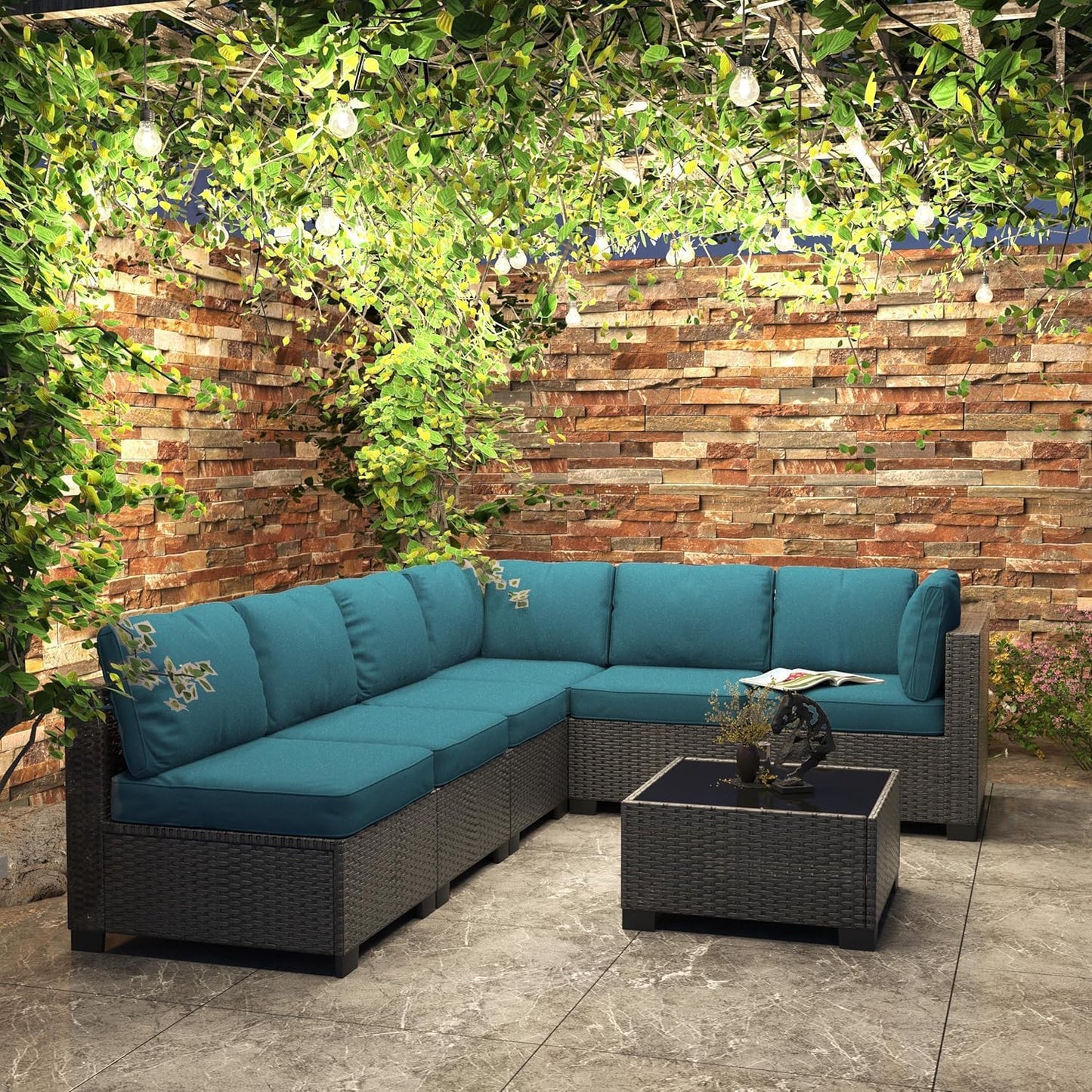 6 Piece Sectional Rattan Sofa with Glass Top Coffee Table, Patio Rattan Conversationr Sofa Set, All Weather Outdoor Patio Furniture Set and Chairs, Poolside, Garden, Porch