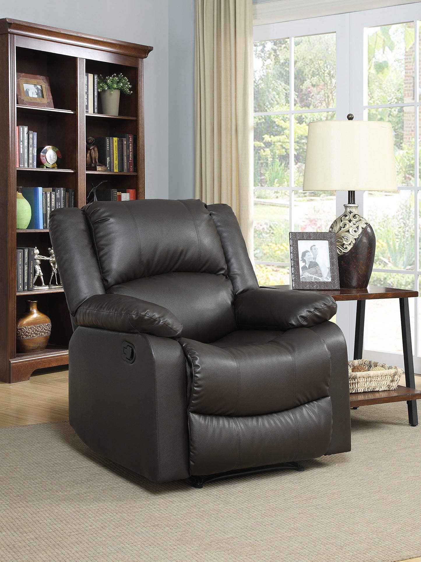 Relax-A-Lounger Warren 35.5" Manual Pull-Handle Recliner, Traditional Overstuffed, Pocket Coil Comfort, Black Metal Base Legs, Soft Vegan Leather Fabric, Java