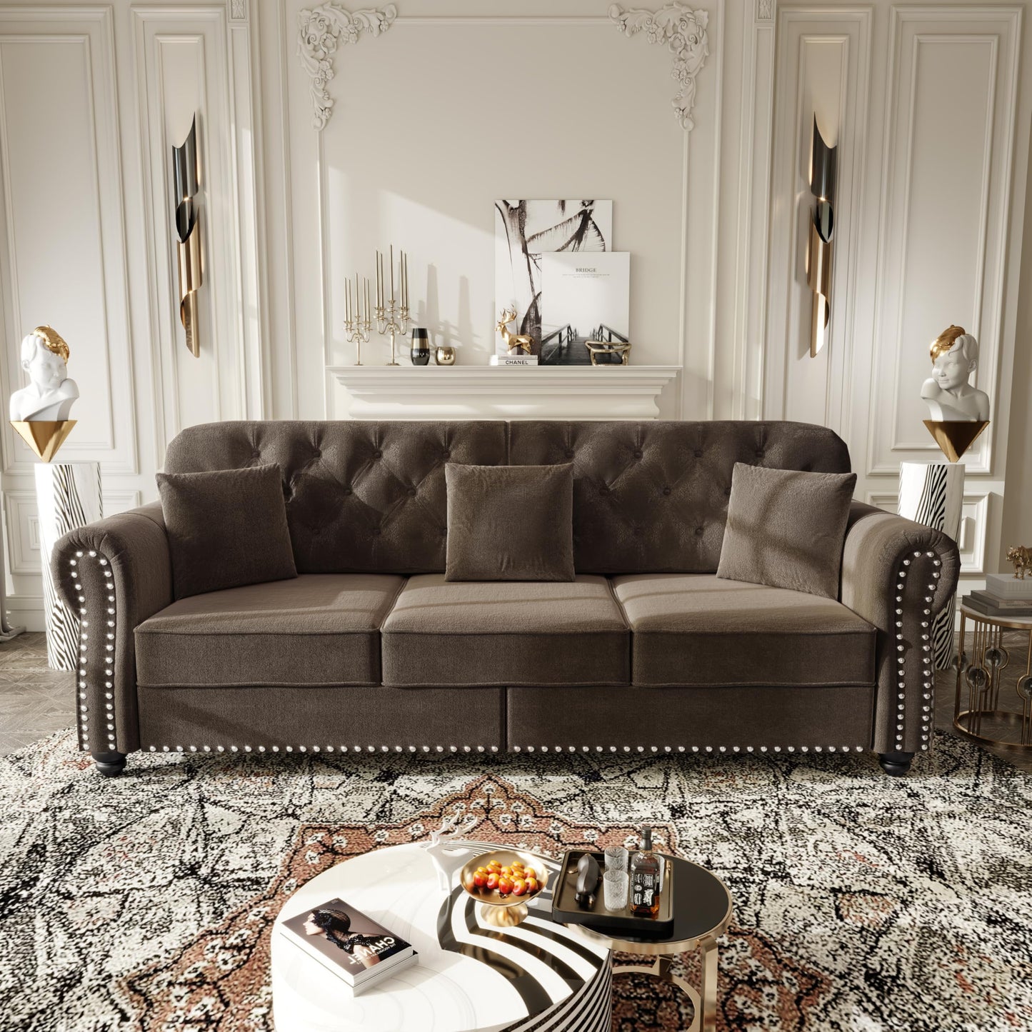 KEIKI 2-Piece Chesterfield Sofa Set with 1 Velvet 3-Seater Sofa & 1 Loveseat Sofa, Upholstered 5-Seater Couch Set with Nailhead Trim & Rolled Arms & 1 Ottoman & 5 Pillow, for Living Room, Brown