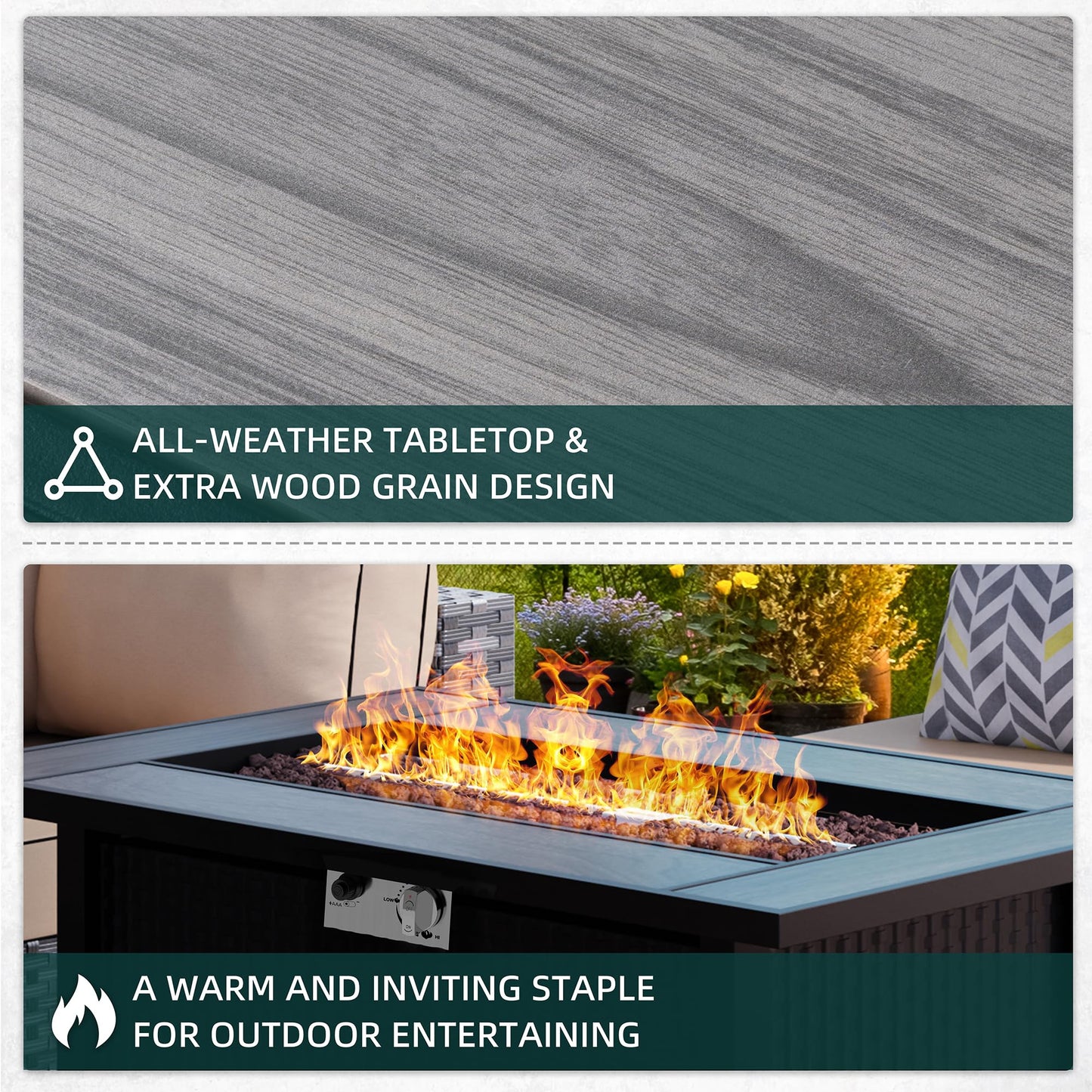 44 inch Propane Fire Pit Table, 50,000 BTU Outdoor Gas Fire Pit Table with Lid, Waterproof Cover, Rectangle Gas Firepit Table for Garden/Patio