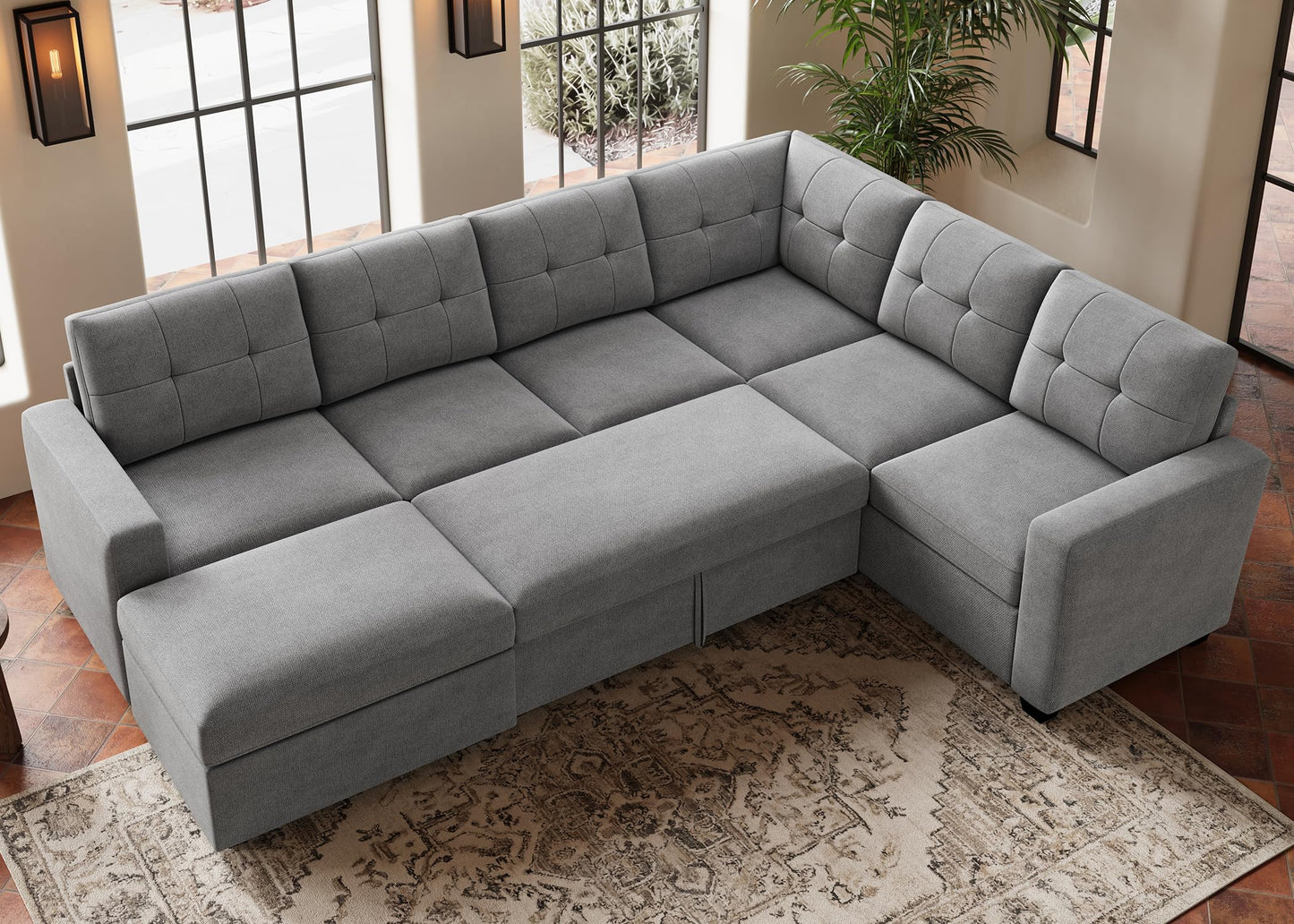 HONBAY 106.2 Inch U-Shaped Sectional Sleeper Sofa with Pull-Out Bed & Storage Ottoman, 7-Seater Sectional Sofa for Living Room, Pet-Resistant Fabric Couch, Grey