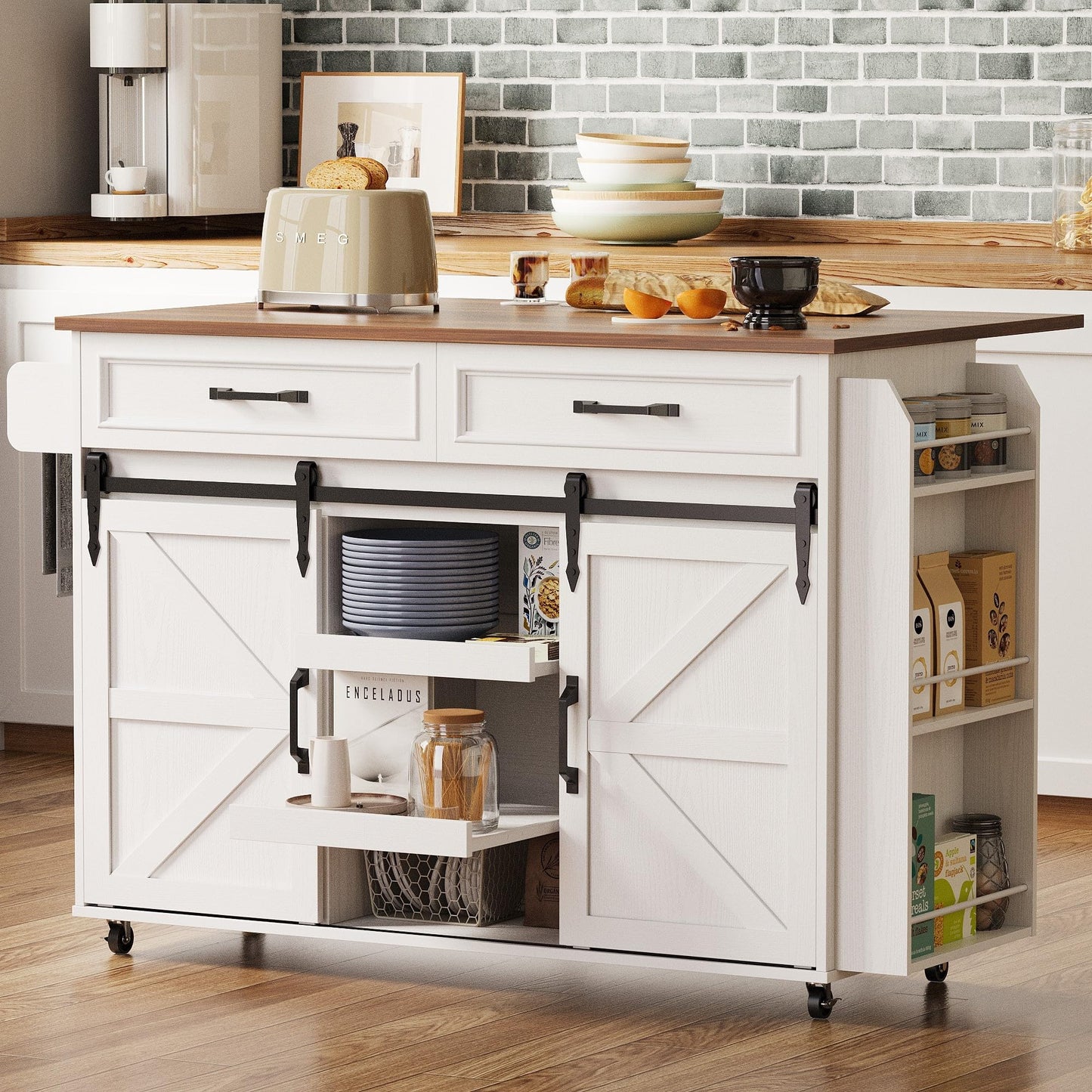IRONCK Kitchen Island with Storage, Rolling Kitchen Island Cart with Drop Leaf Countertop and Pull-Out Shelf, Barn Doors, for Dining Room, Home Bar, White