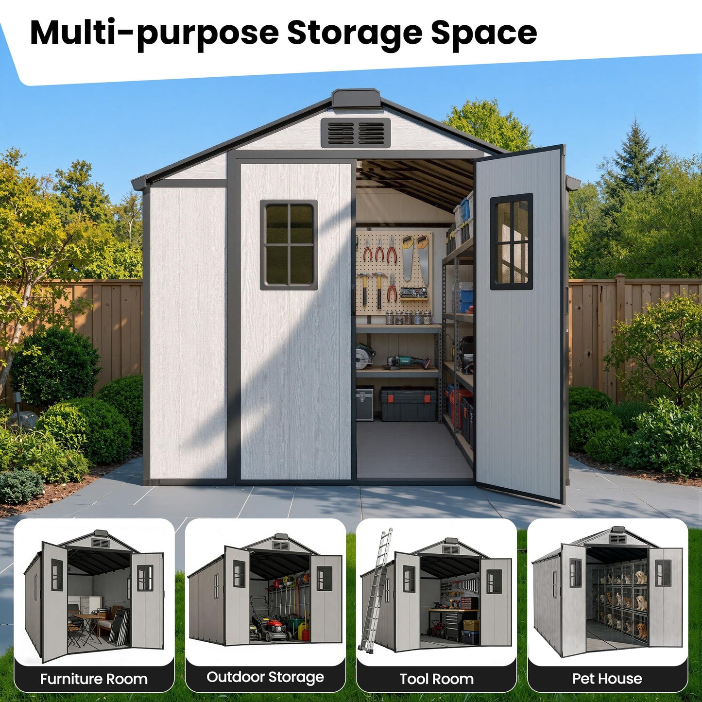 8X12 FT Large Outdoor Storage Shed with Floor, Oversized Waterproof Heavy Duty Resin Garden Tool Shed, Backyard Lawn Sheds with Windows, Lockable Door and Vents for Patio Outside