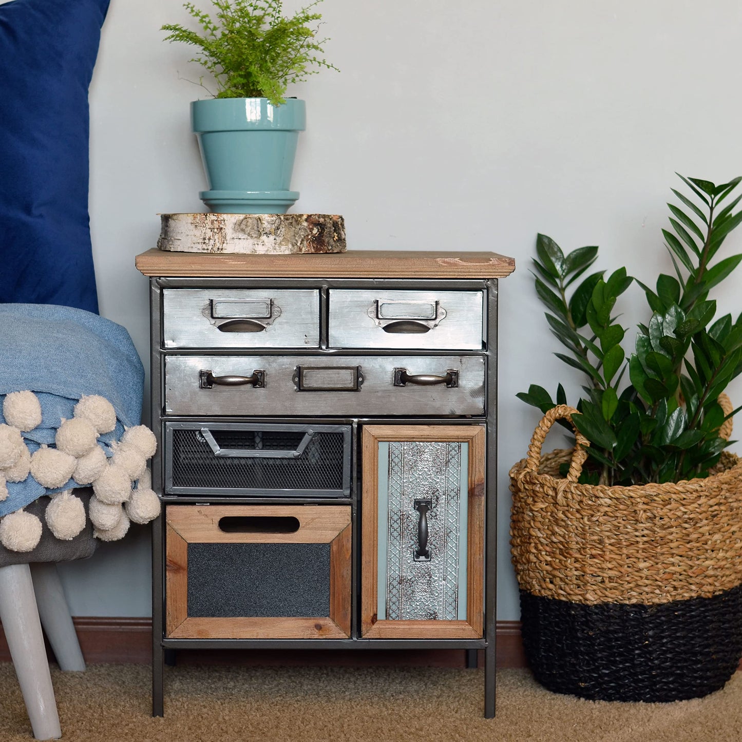 WHW Whole House Worlds Industrial Chic Multi Drawer Nightstand, 3 Drawers and 3 Utility Bins, Reclaimed Vintage Style, Iron, Screening, Galvanized Metal, Wood, 21.75 Inches Tall (55 cm)