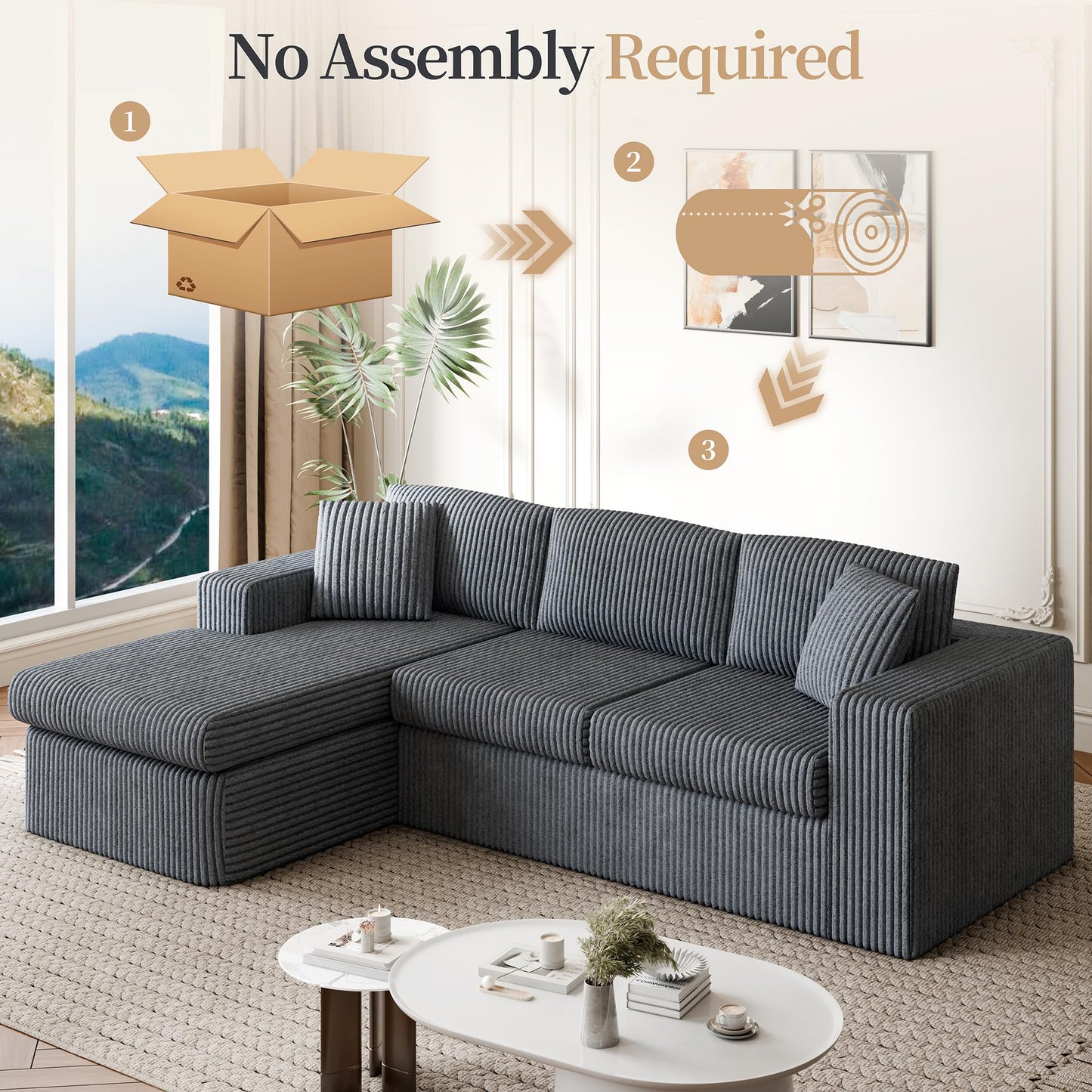 Vongrasig 105" Boneless Couches for Living Room,Sectional Couches Modular Sofa with L-Shaped Chaise, Memory Foam Comfy Cloud Couch with Plush Corduroy Fabric, No Assembly Required, (Dark Grey)