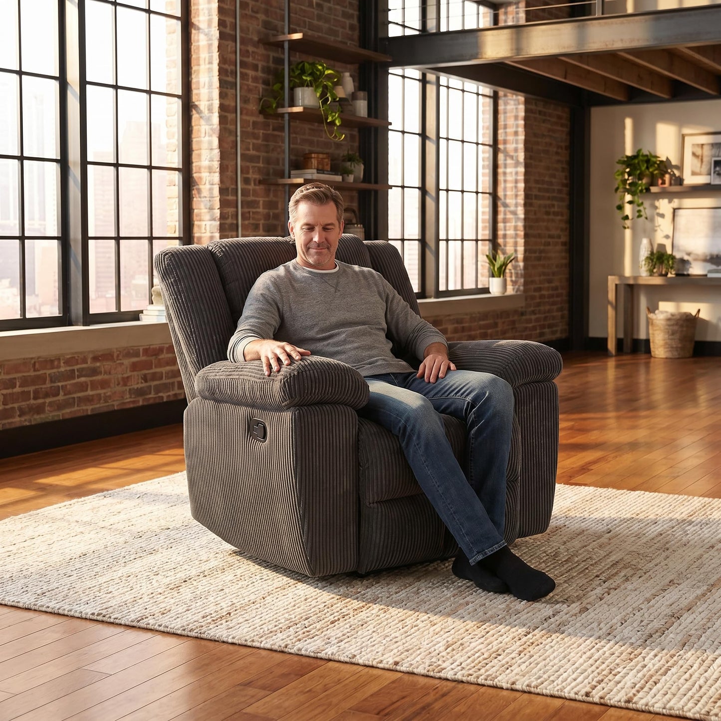 Trygoal Manual Recliner Chair, Nursery Chair, Linen Recliner Chair for Adults, Lazy Boy, Gaming Recliner with Overstuffed Arms, Suitable for Home Theater, Living Room, Bedroom, Dark Grey
