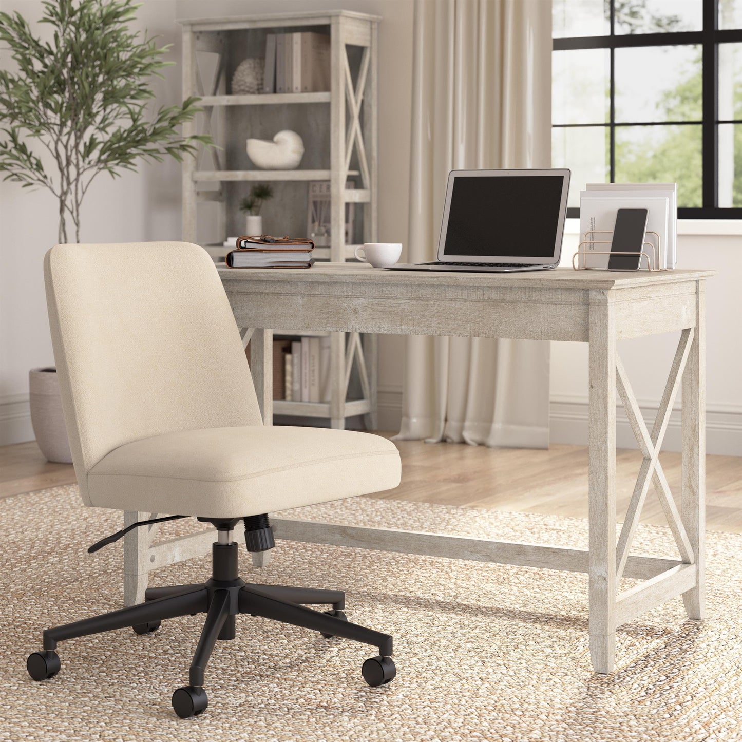 Bush Furniture Serenity Mid Back Armless Office Chair with Wheels in Soft Beige Fabric, Workspace Seating Solution for Small Computer Desk