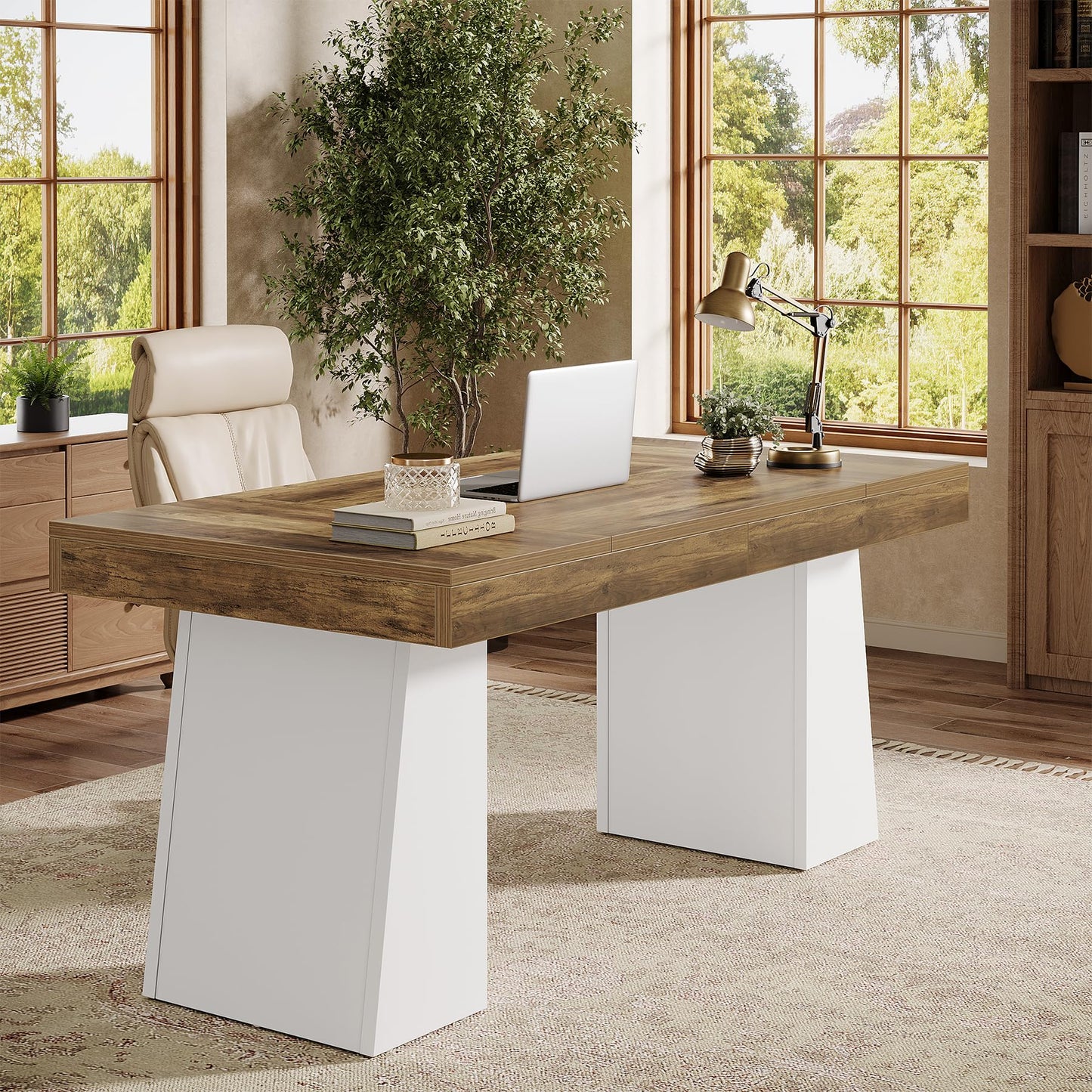 Tribesigns 55" Executive Desk, Wooden Office Desk with Double Pedestal, Modern Simple Computer Writing Table for Home Office, Brown & White