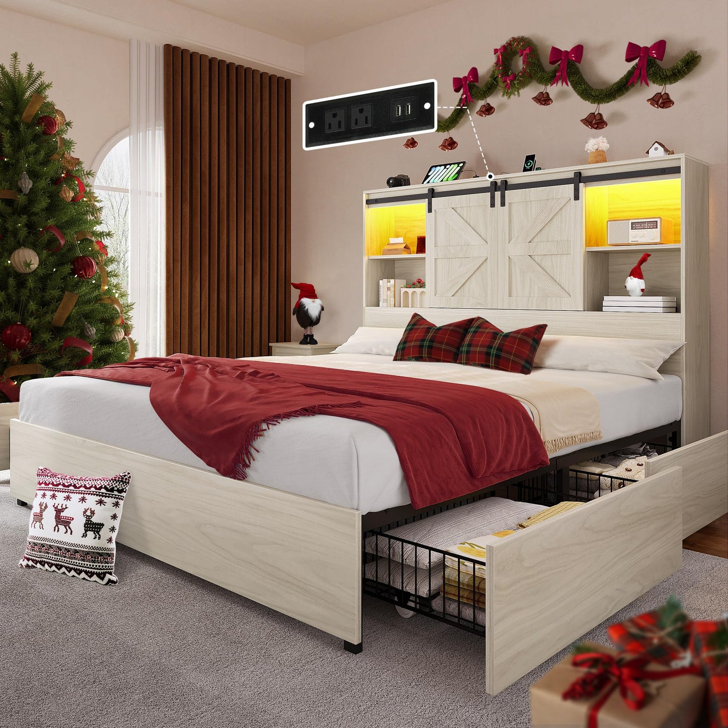 DWVO Farmhouse Queen Size Bed Frame with Storage Bookcase Headboard, Sliding Barn Door, 4 Storage Drawers, RGB LED Bed Frame with USB Charging Station, No Box Spring Needed, Antique White