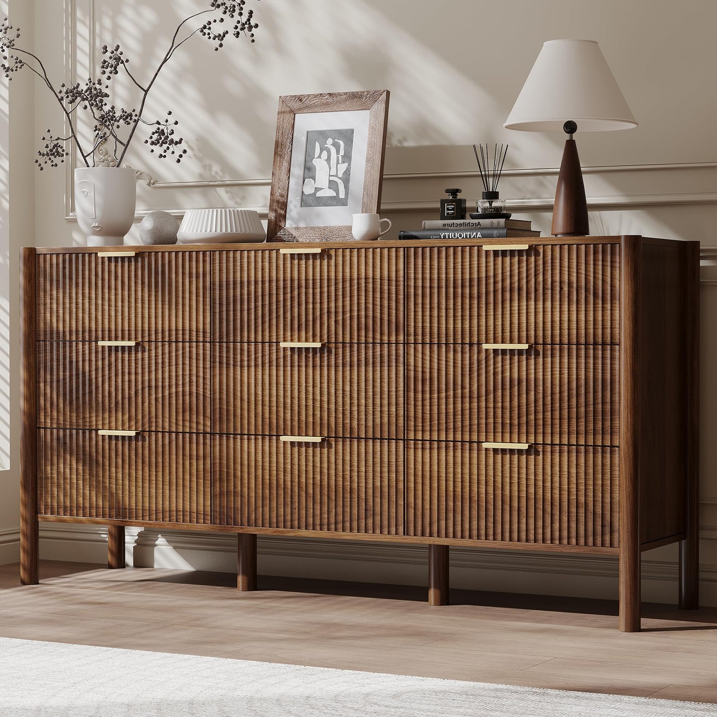 CHUWELL Fluted Walnut Dresser for Bedroom, 63" Wide Mid Century Modern Chest of Drawers with 4 Solid Wood Cylindrical Legs & Gold Metal Handles, 9 Drawer Large Dresser for Bedroom