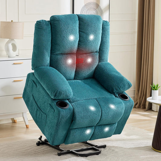 GAOMON Oversized Power Lift Recliner Chair for Elderly, 135° Adjustable Lay Flat Electric Recliner with Massage & Heat, Stand Assist, 2 Cup Holders, for Living Room, Heavy Duty Lift Sofa - Blue