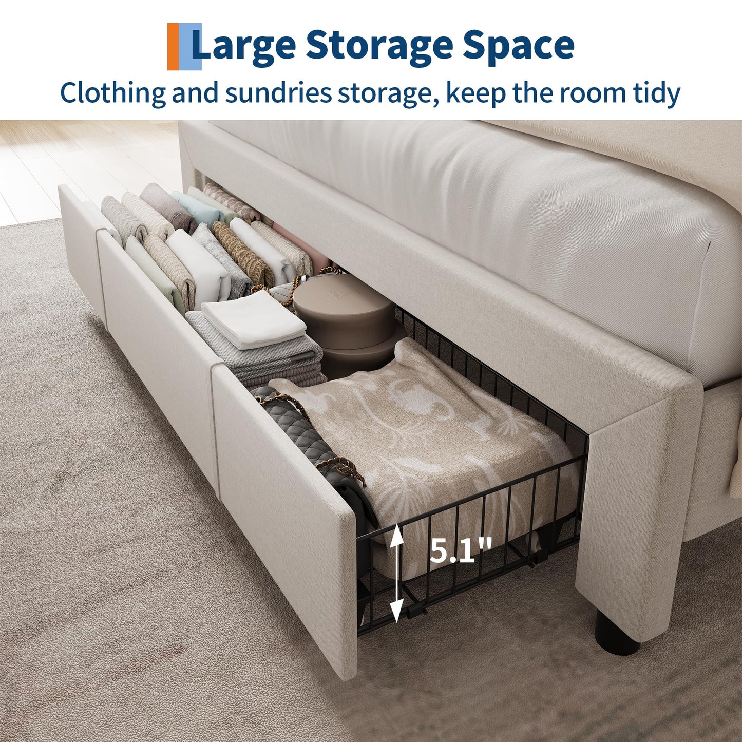 Garvee Upholstered Bed Frame Queen Size with Storage Headboard and Charging Station, Platform Bed Frame with Drawers, Heavy Duty, No Box Spring Needed, Easy Assembly, Beige