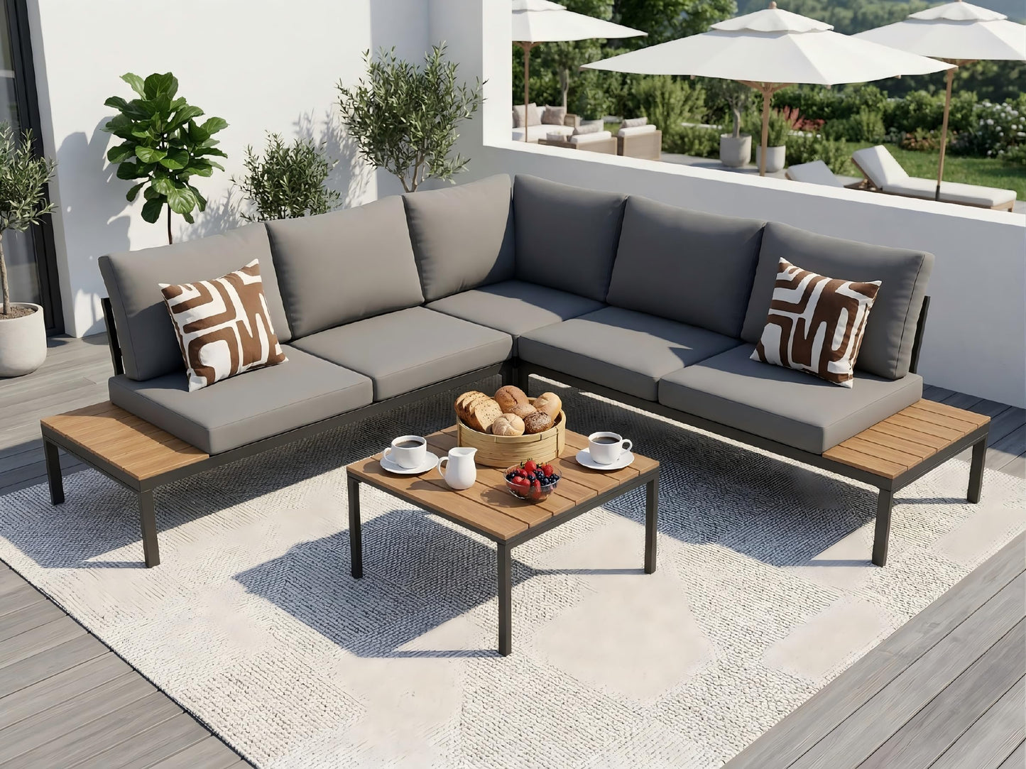 KEIKI 4-Piece L-Shaped Outdoor Patio Furniture Set, Rattan Patio Conversation Set with Coffee Table & 1 Corner Sofa & 2 Double Sofa, Wicker Curved Sectional Sofa Set, for Backyard, Light Gray