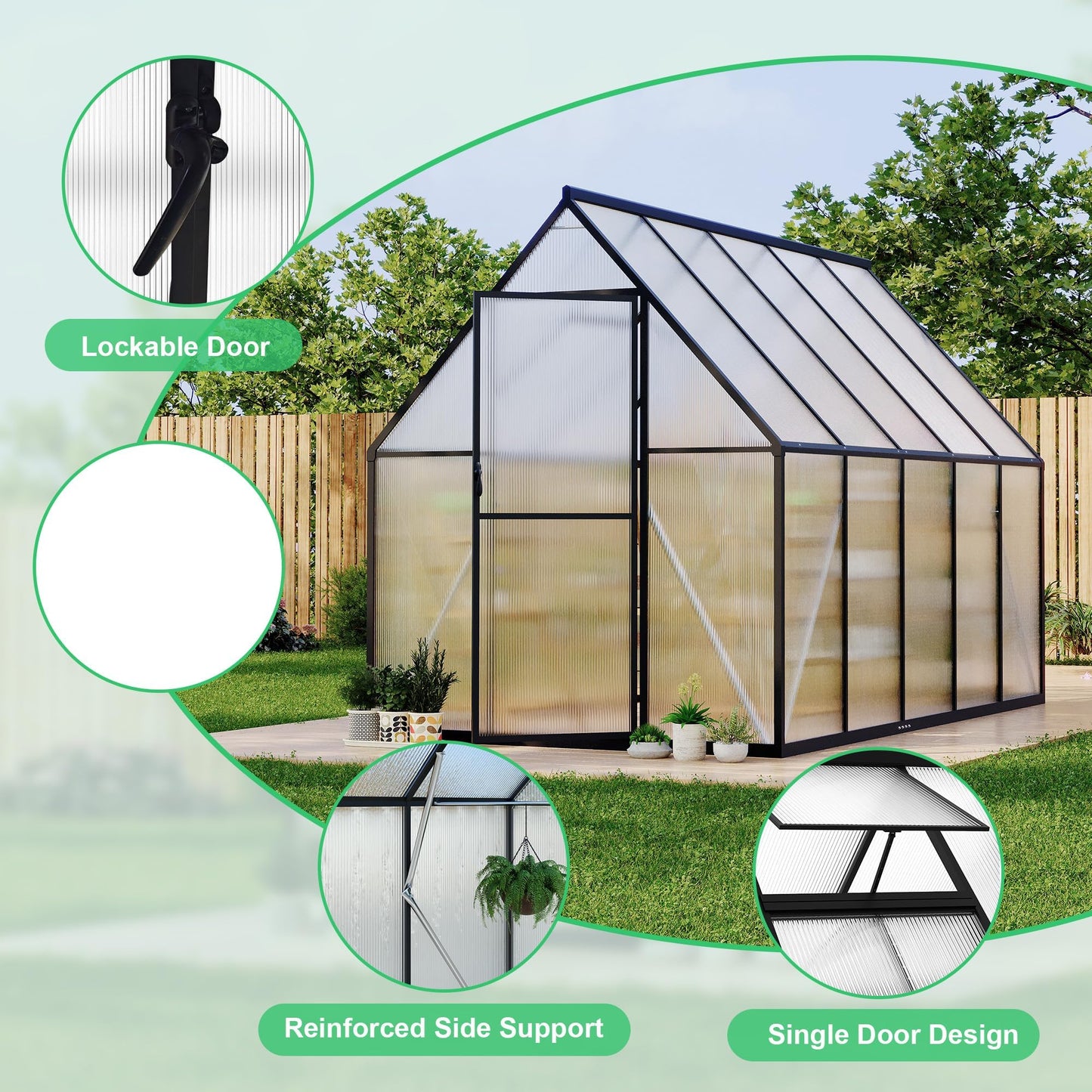 6x9 FT Greenhouse, Walk in Green Houses for Outside and Garden Planting, Polycarbonate Greenhouse with Aluminum Frame, Lockable Door and Ajustable Roof Vent for Backyard, Patio