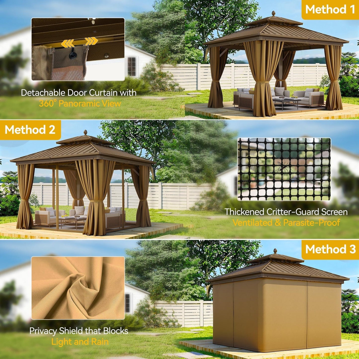 DWVO 10x10ft Aluminum Gazebo Hardtop Double Roof Canopy Outdoor Gazebo Galvanized Roof with Netting and Curtain Garden Tent for Patio, Backyard and Deck