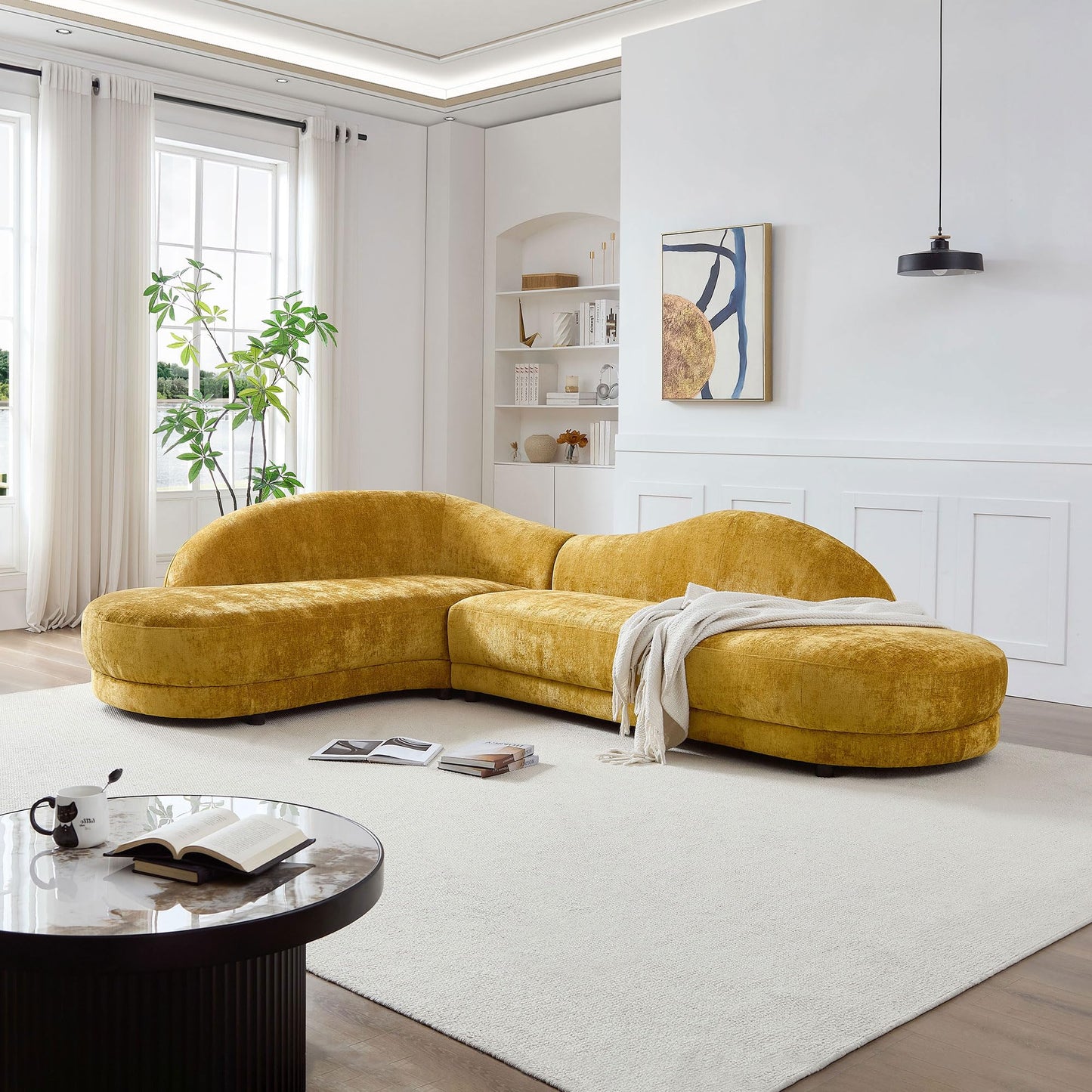 KEIKI 114" Luxury Curved Boucle Sectional Sofa with Left Chaise, Upholstered Mid-Century Oversized 5-Seater Couch with Thickened Seat Cushion, No Assembly Required, for Apartment, Living Room, Yellow