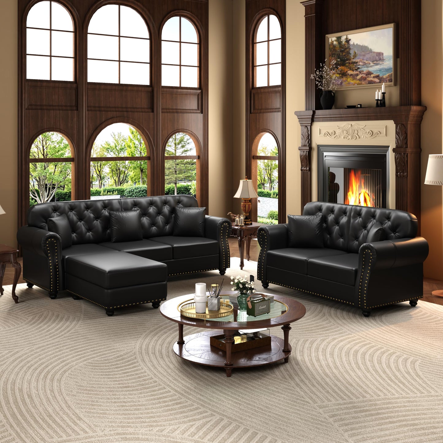 KEIKI 2-Piece Chesterfield Sofa Set with 1 Faux Leather 3-Seater Sofa & 1 Loveseat Sofa, Upholstered 5-Seater Couch Set with Nailhead Trim & Rolled Arms & 1 Ottoman & 5 Pillow, for Living Room, Black