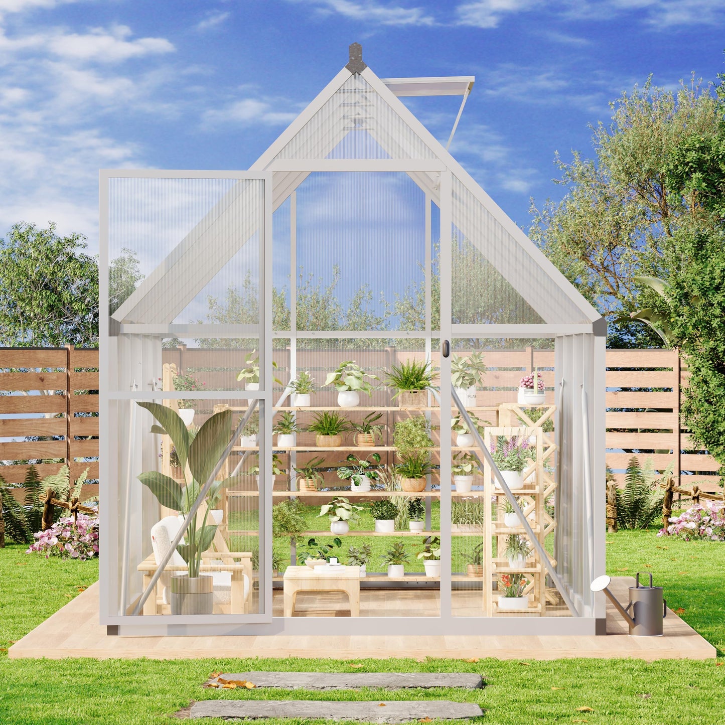 6x7FT Polycarbonate Greenhouse Kit for Outdoors – Sturdy Aluminum Frame, UV Protection, Lockable Door, Walk-in Design, Roof Vent, Easy Assembly for Garden, Patio, or Backyard