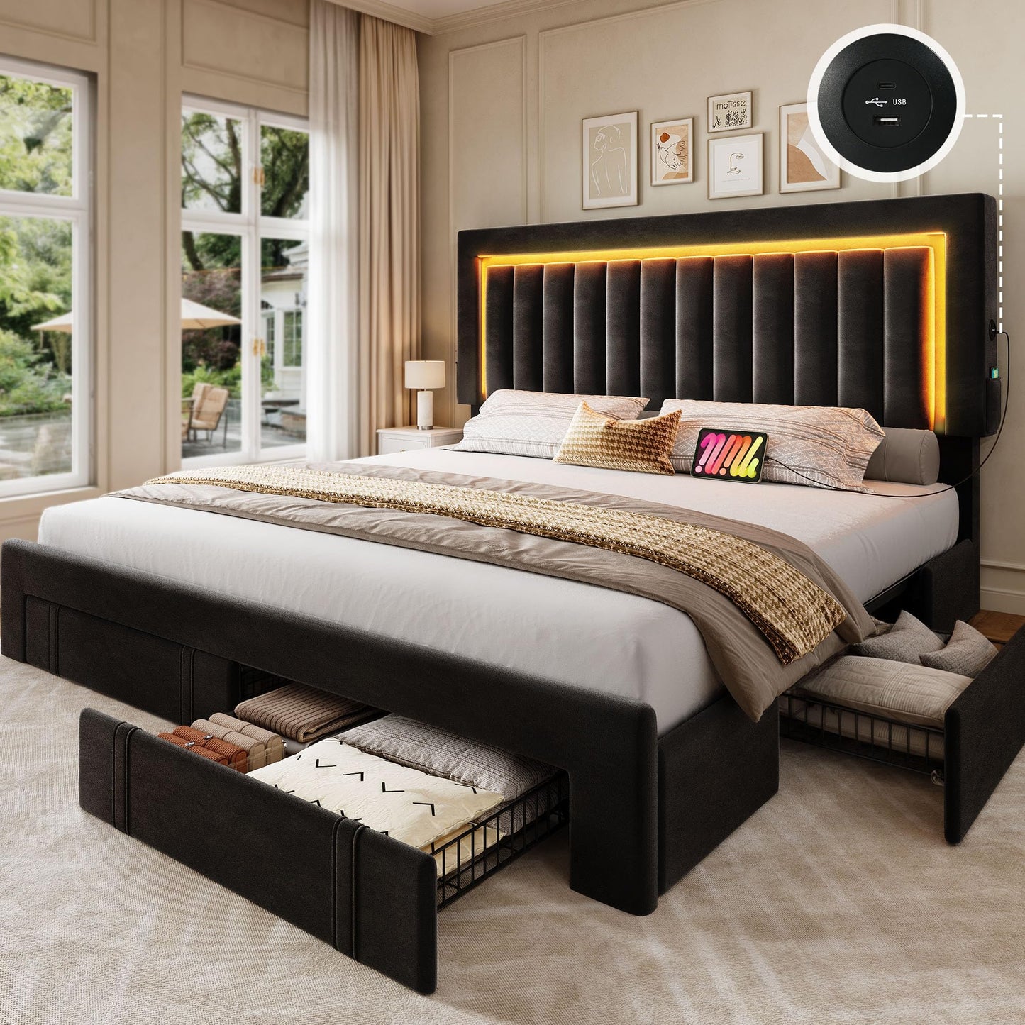 YITAHOME Queen Size Bed Frame with Adjustable Headboard, 4 Storage Drawers and RGB LED Lights, Velvet Upholstered Platform Bed with USB Ports, No Box Spring Needed, Fast Assembly, Noise-Free, Black