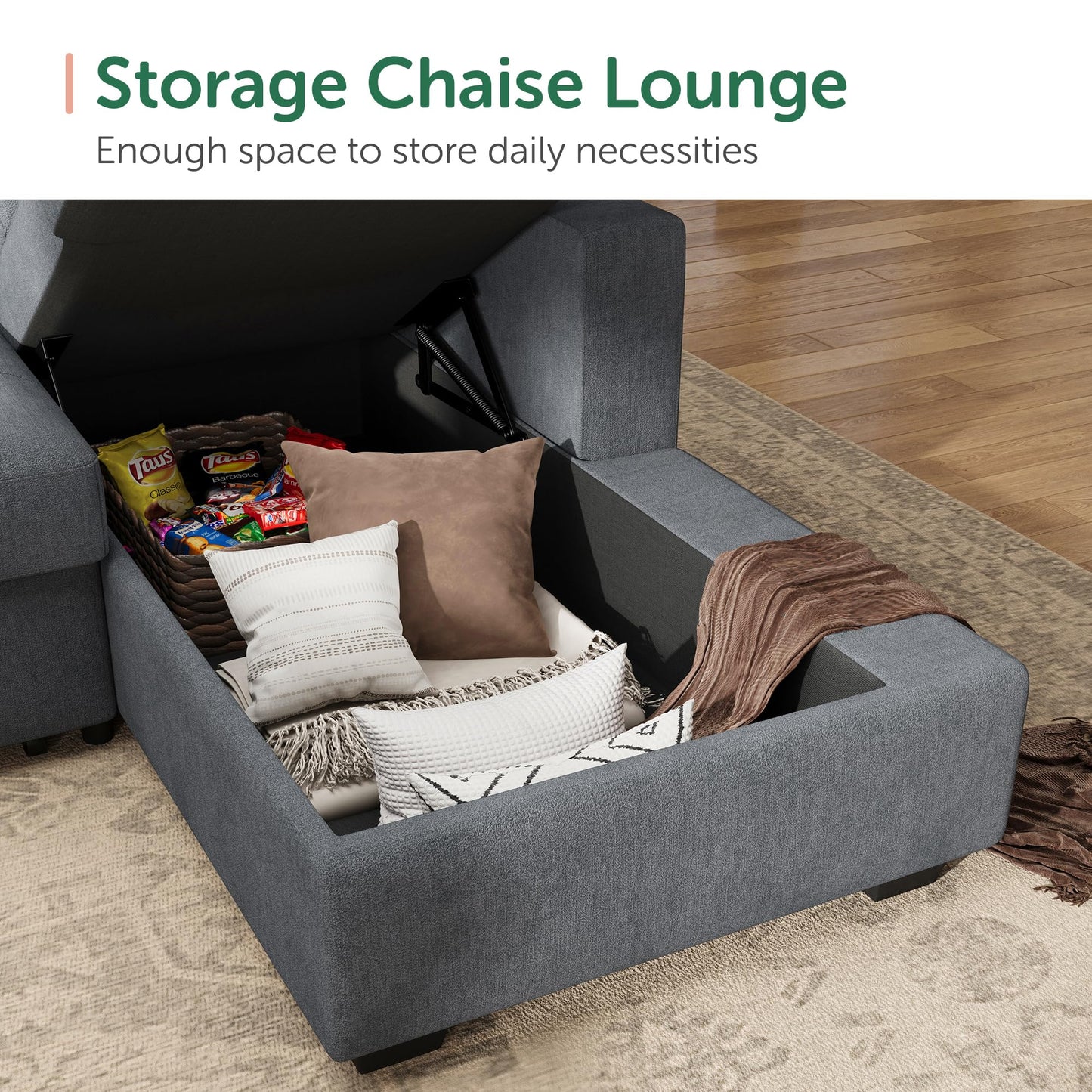 HONBAY Sectional Sleeper Sofa, Sleeper Sofa Couch with Storage Chaise, Sectional Couch with Pullout Bed for Living Room, Bluish Grey