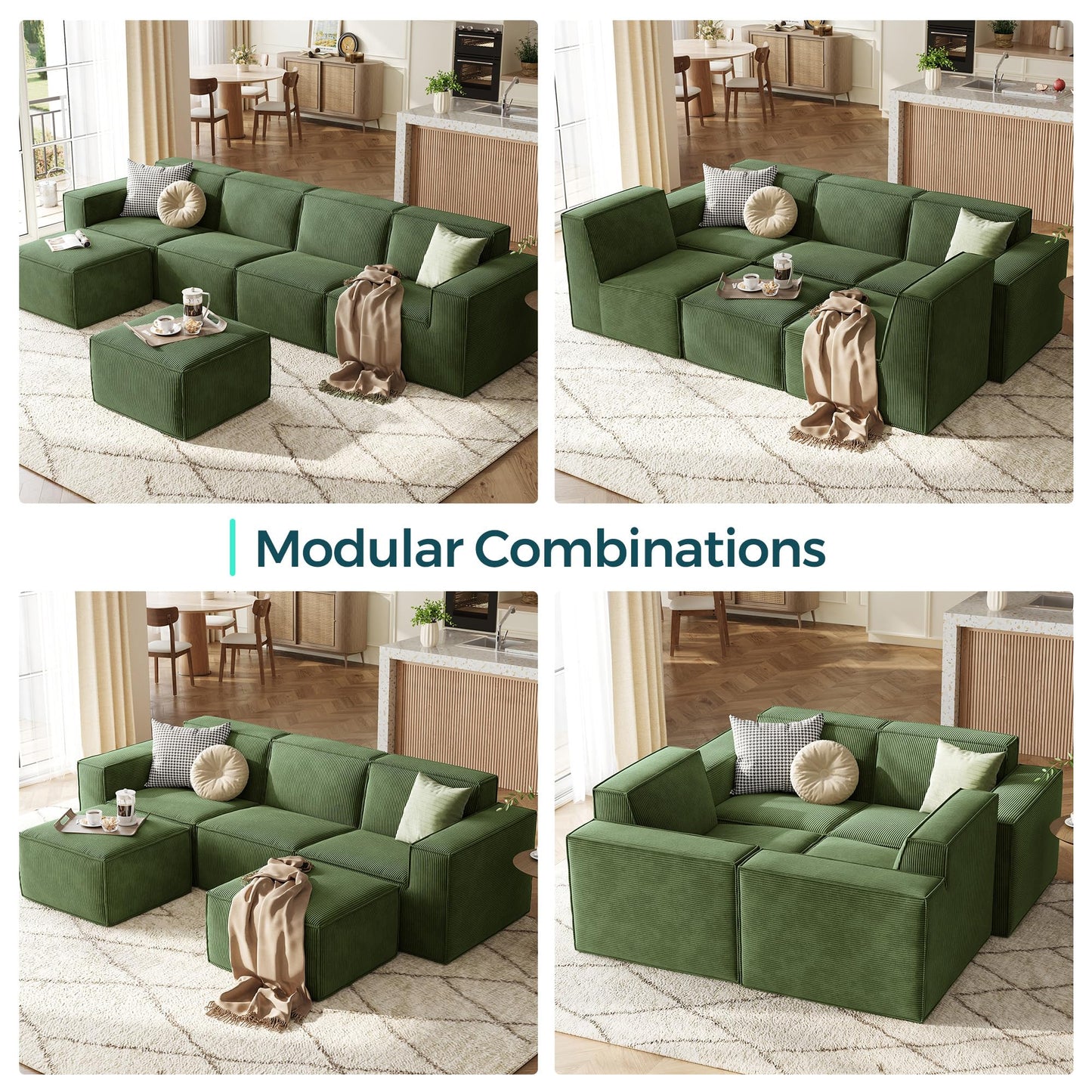 LINSY HOME Modular Sectional Sofa, 134" Boneless Couch L Shaped 4-Seat Sofa with Movable Ottoman, Corduroy Sectional Cloud Couches for Living Room, No Assembly Required, Green