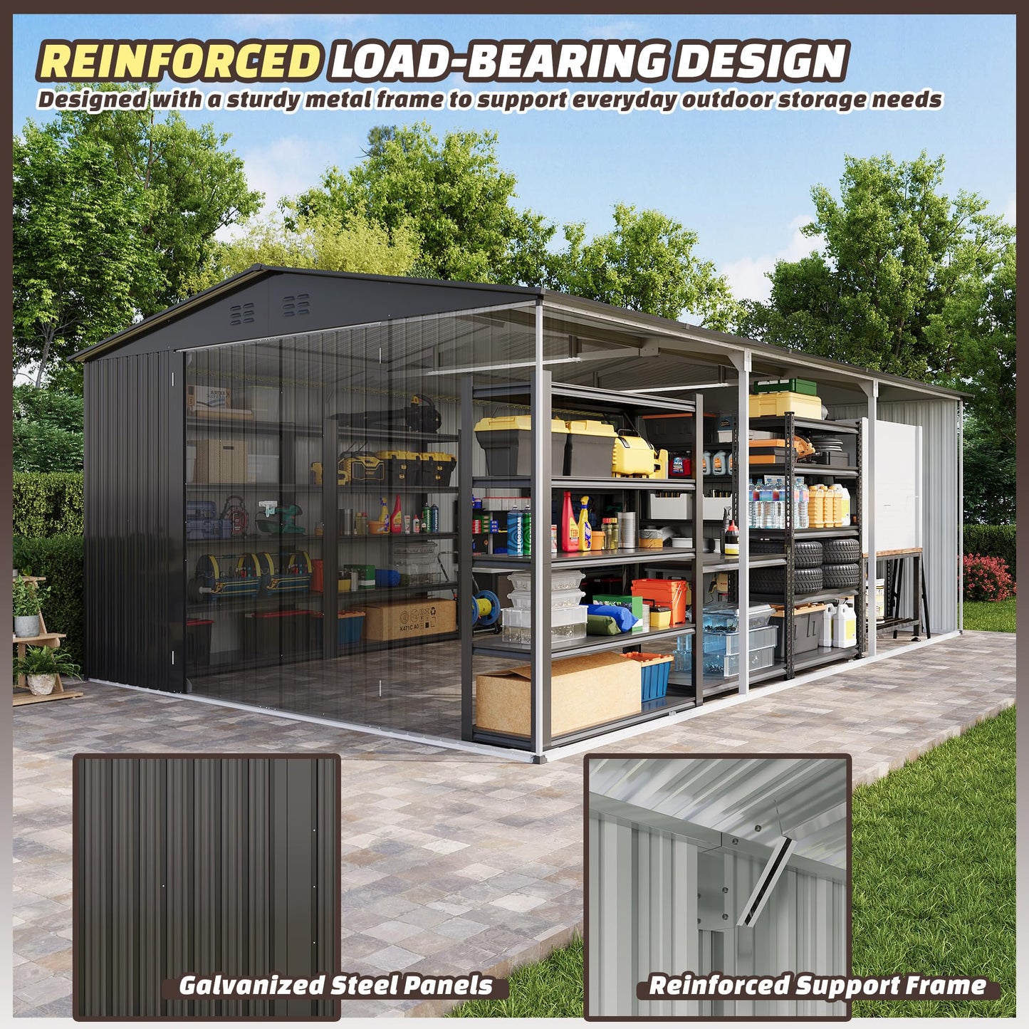 PABIMIA 12X20 FT Outdoor Storage Shed with Windows, Metal Garden Shed with Lockable Double Doors, Weather-Resistant Backyard Tool Shed for Patio, Lawn, Pool Supplies, Bikes & Outdoor Equipment