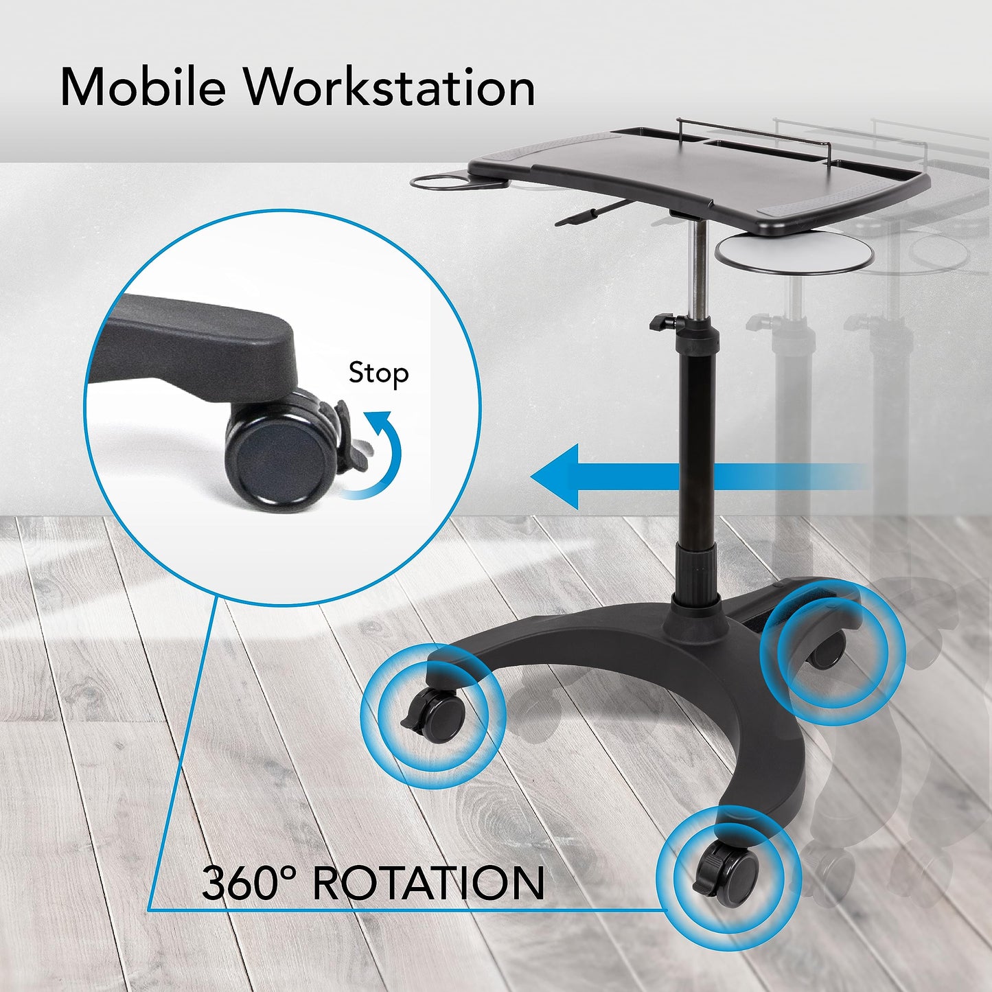 EHO Mobile Laptop Standing Desk Carts on Wheels with Stationery Storage, Pneumatic, Height Adjustable Rolling Stand, Sit to Stand Computer Cart, Workstation for Home, Office, Medical and School