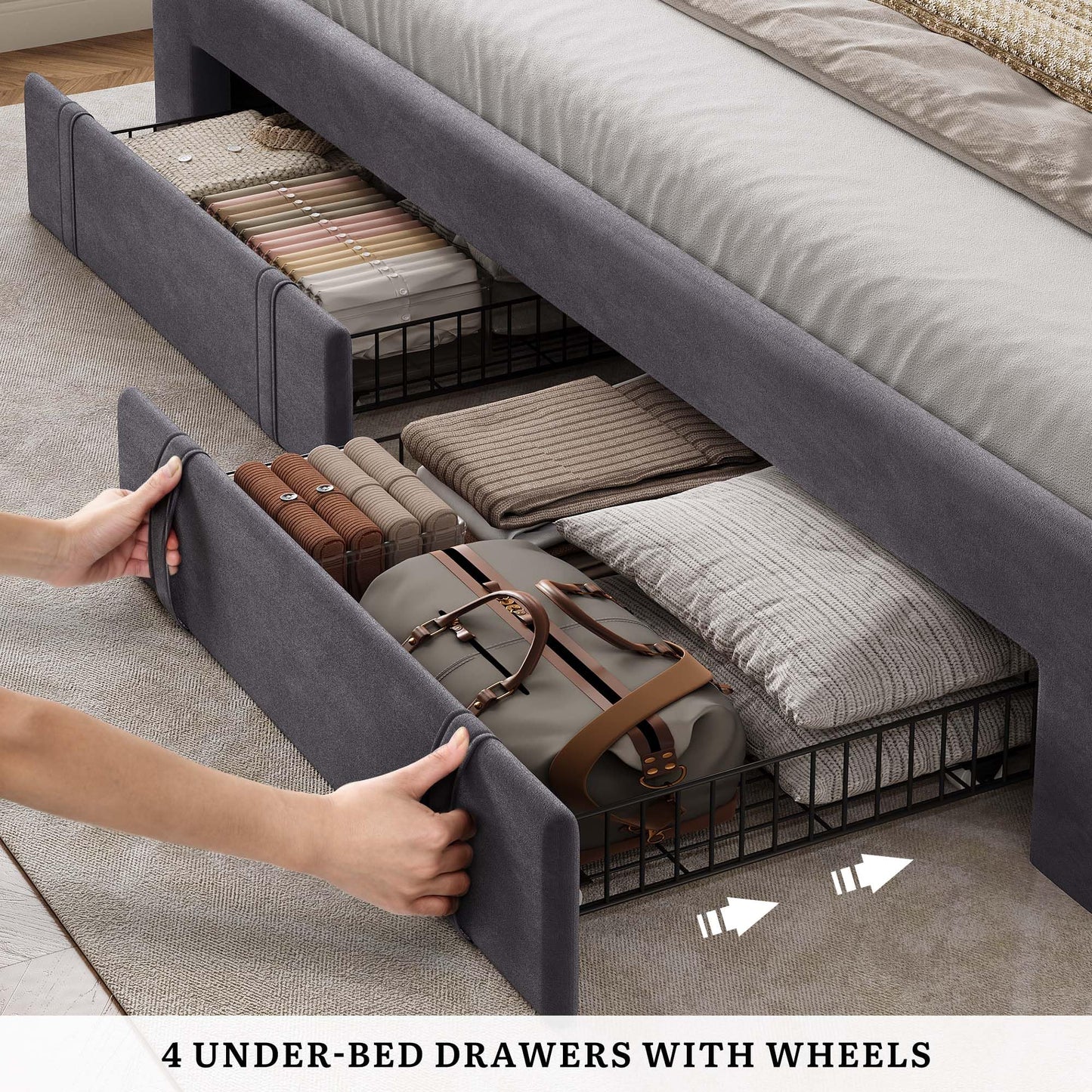 DWVO King Size Bed Frame with Adjustable Headboard, 4 Storage Drawers and RGB LED Lights, Velvet Upholstered Platform Bed with USB Ports, No Box Spring Needed, Fast Assembly, Noise-Free, Dark Grey