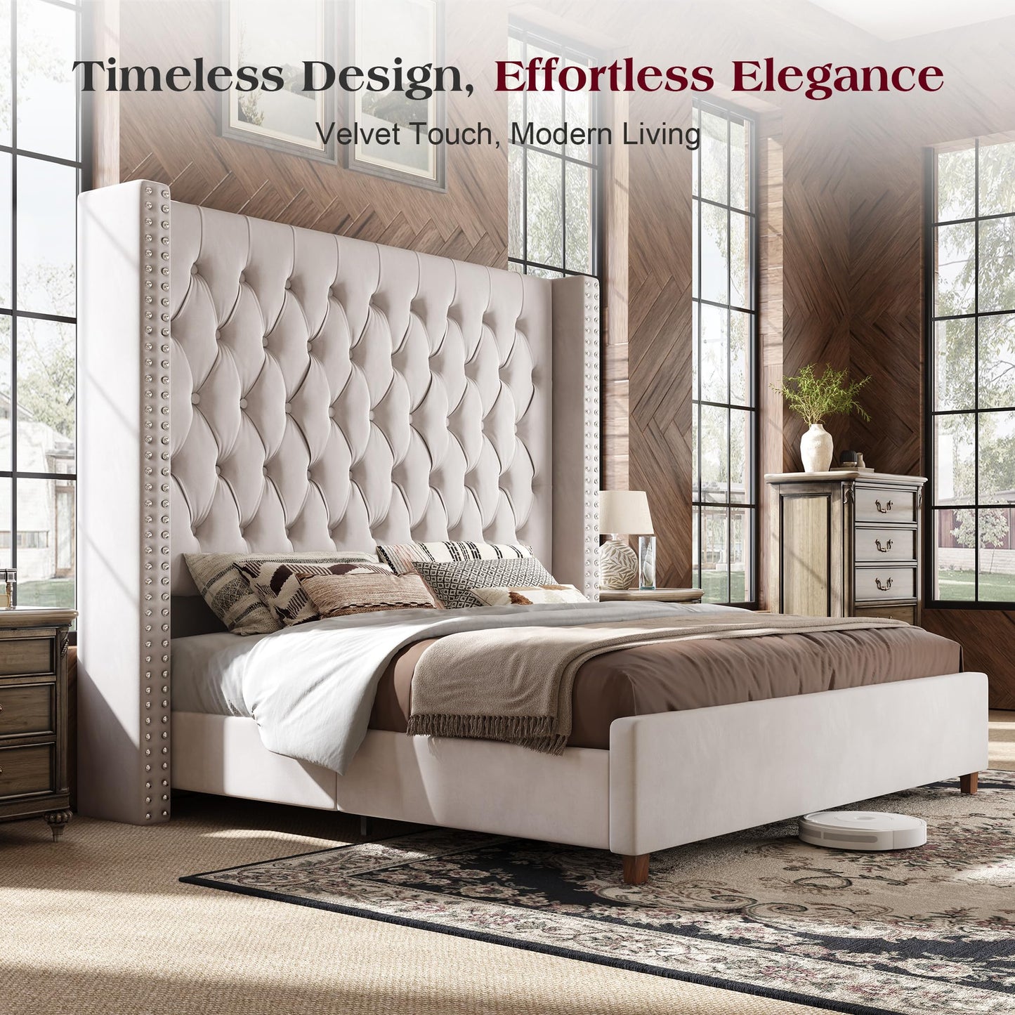 PaPaJet King Bed Frame with 61.4" Tall Wingback Headboard, Velvet Upholstered Platform Bed, No Box Spring Needed, Noise-Free&Easy Assembly, for Family with Kids/Pets & Luxury Home, Cream
