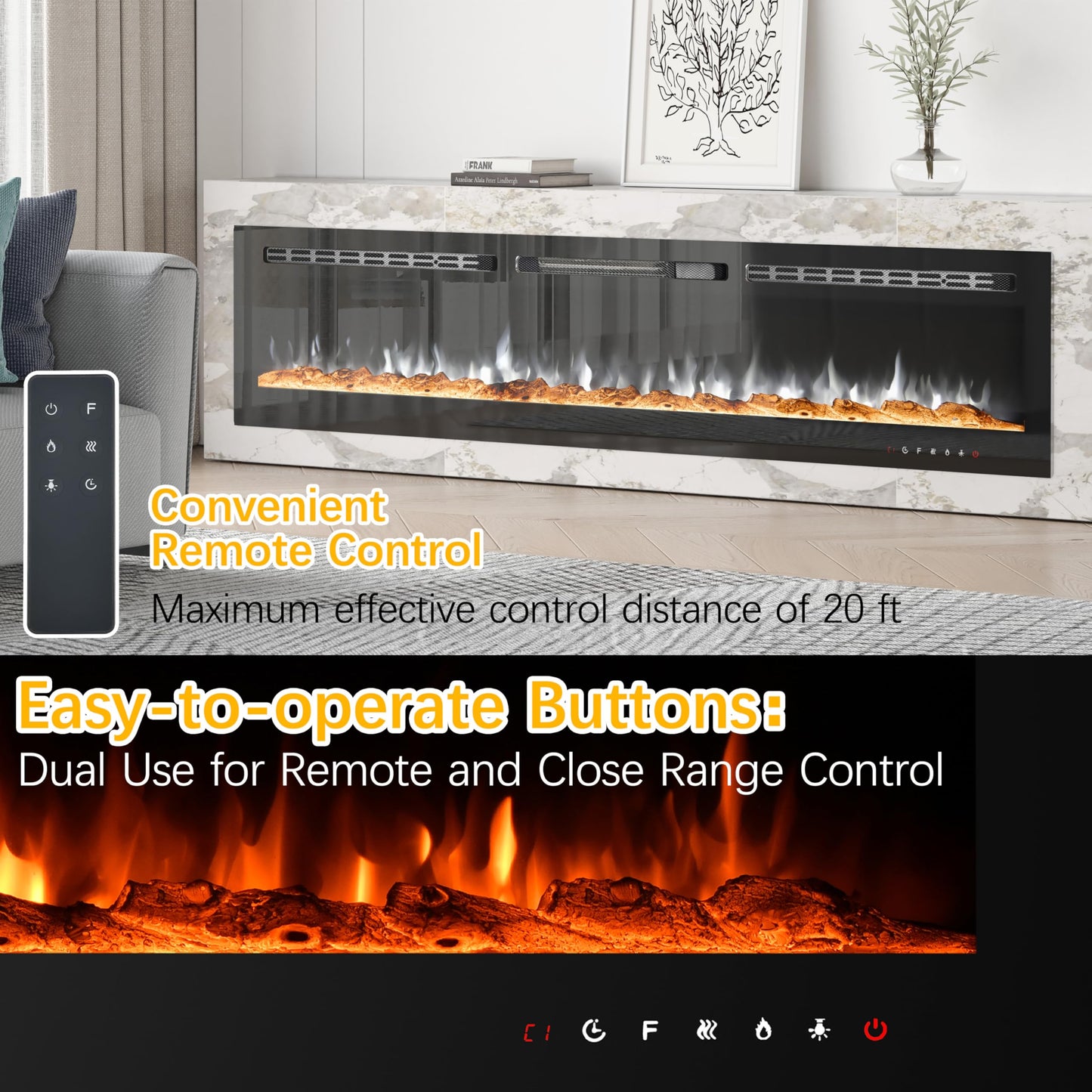 CharaVector 80 inch 750W/1500W Electric Fireplace Inserts with Remote Control in Wall Mounted, Energy Saving LED Insert Fireplace Heater Indoor Glass View with Remote Control & Touch Screen, Black