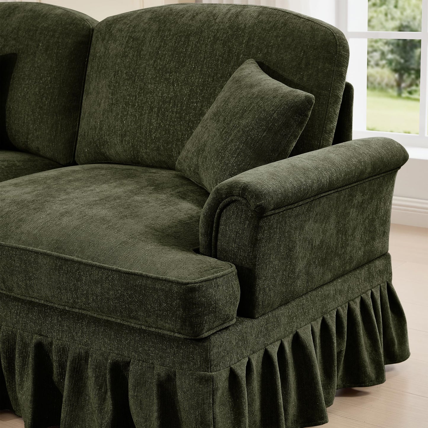 KEIKI Modular Sectional Sofa, 2 Seat Sofa Sets with Removable Ruffles Pleats Skirts, 2 Piece Modular Deep Seat Sofa for Living Room, Green