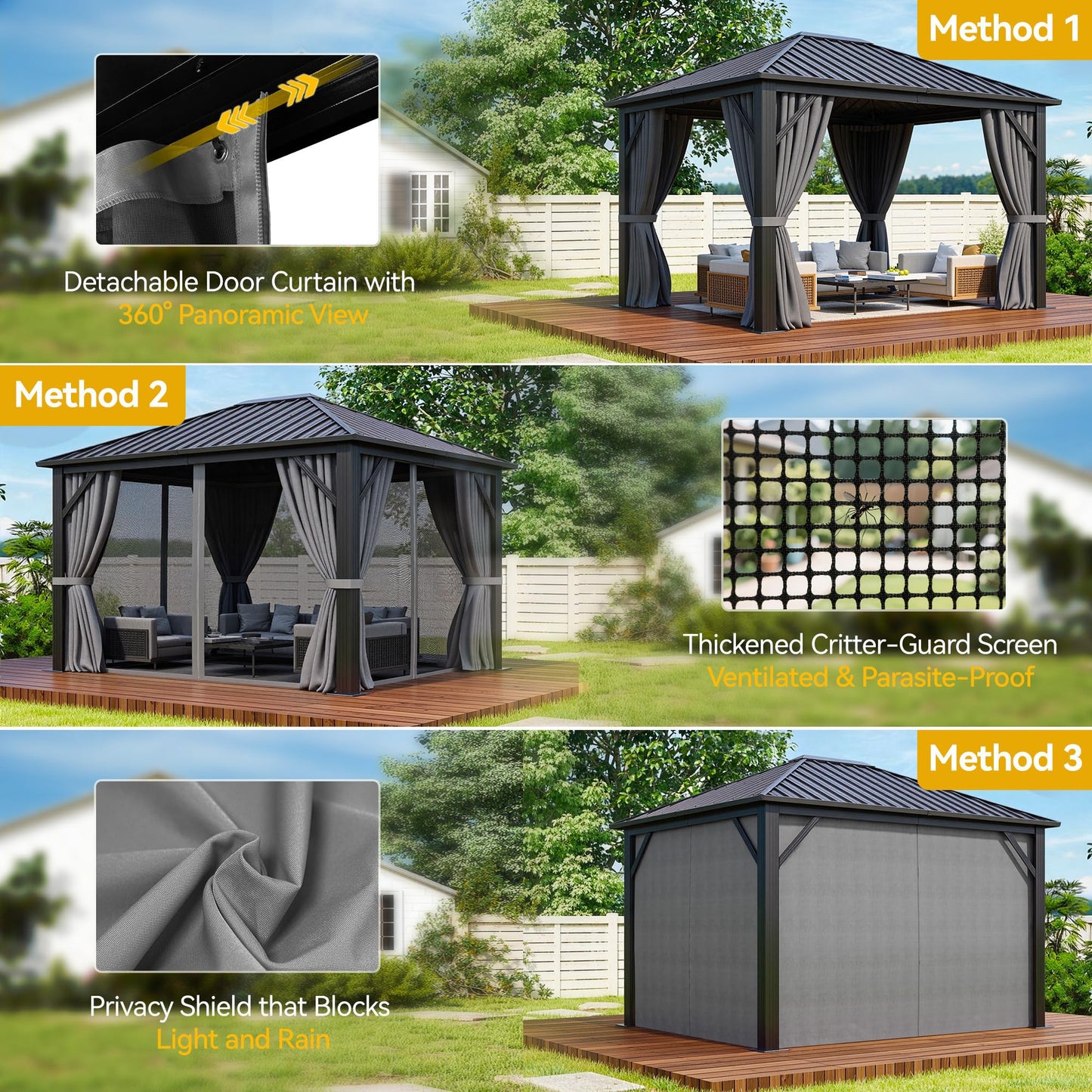 DWVO 10x12ft Gazebo Hardtop Heavy Duty Canopy with Nettings and Curtains, Galvanized Steel Outdoor Vertical Stripes Roof for Patio, Backyard, Deck, Lawns, Gray