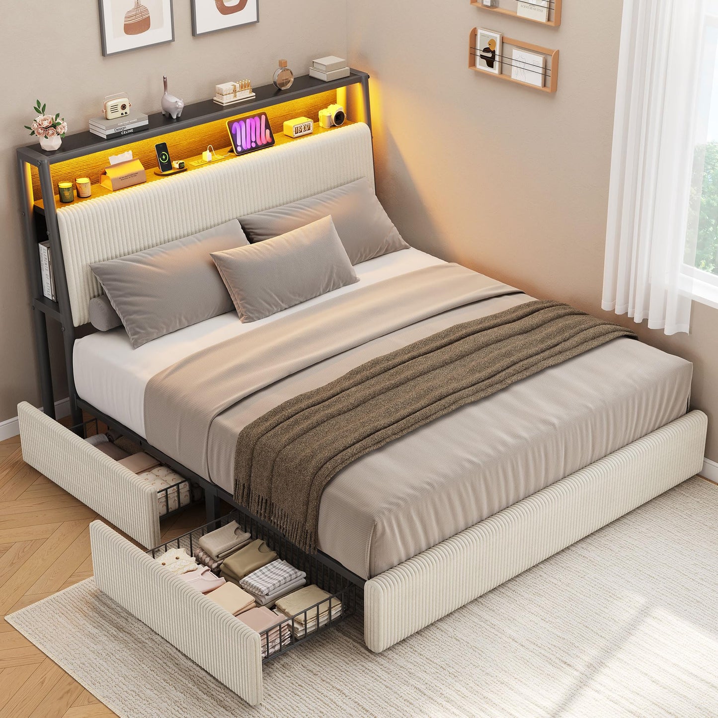 Upholstered Full LED Bed Frame with 2 Storage Drawers and Charging Station, Corduroy Platform Bed with 3-Tier Storage Bookcase Headboard, Heavy Duty Metal Support, No Box Spring Needed - Beige
