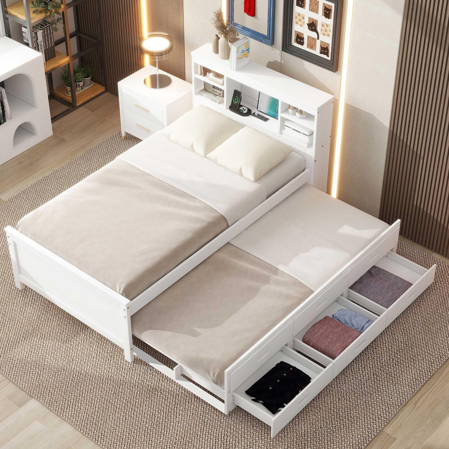 Merax Twin Size Platform Bed with Storage Headboard, USB, Wood Bedframe with Twin Size Trundle and 3 Drawers, White