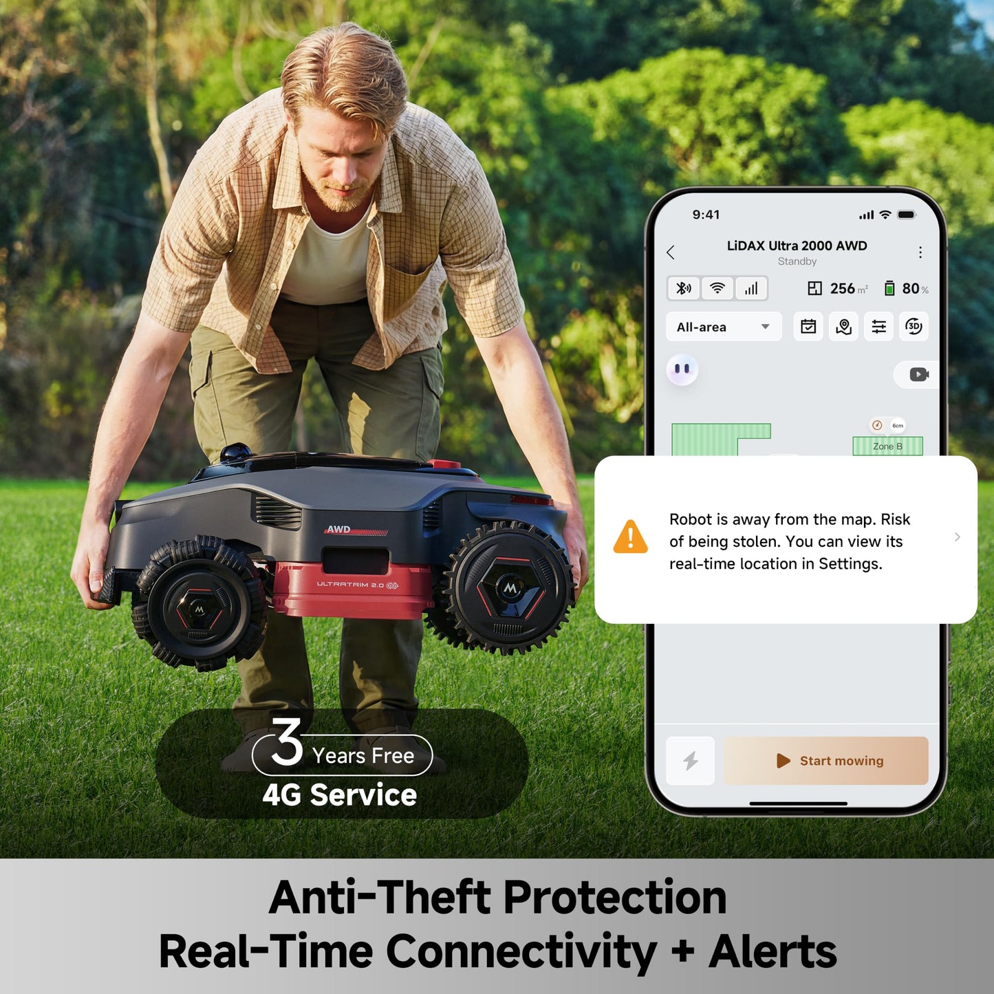 MOVA LiDAX Ultra 2000 AWD Robot Lawn Mower Wire Free RTK Free for up to 0.5 Acre*Dual Maps, 360° 3D LiDAR & AI Dual Vision Mapping, Robotic Mower with 4G, for 80% Slopes, Cutting Height 1.2”–3.9“