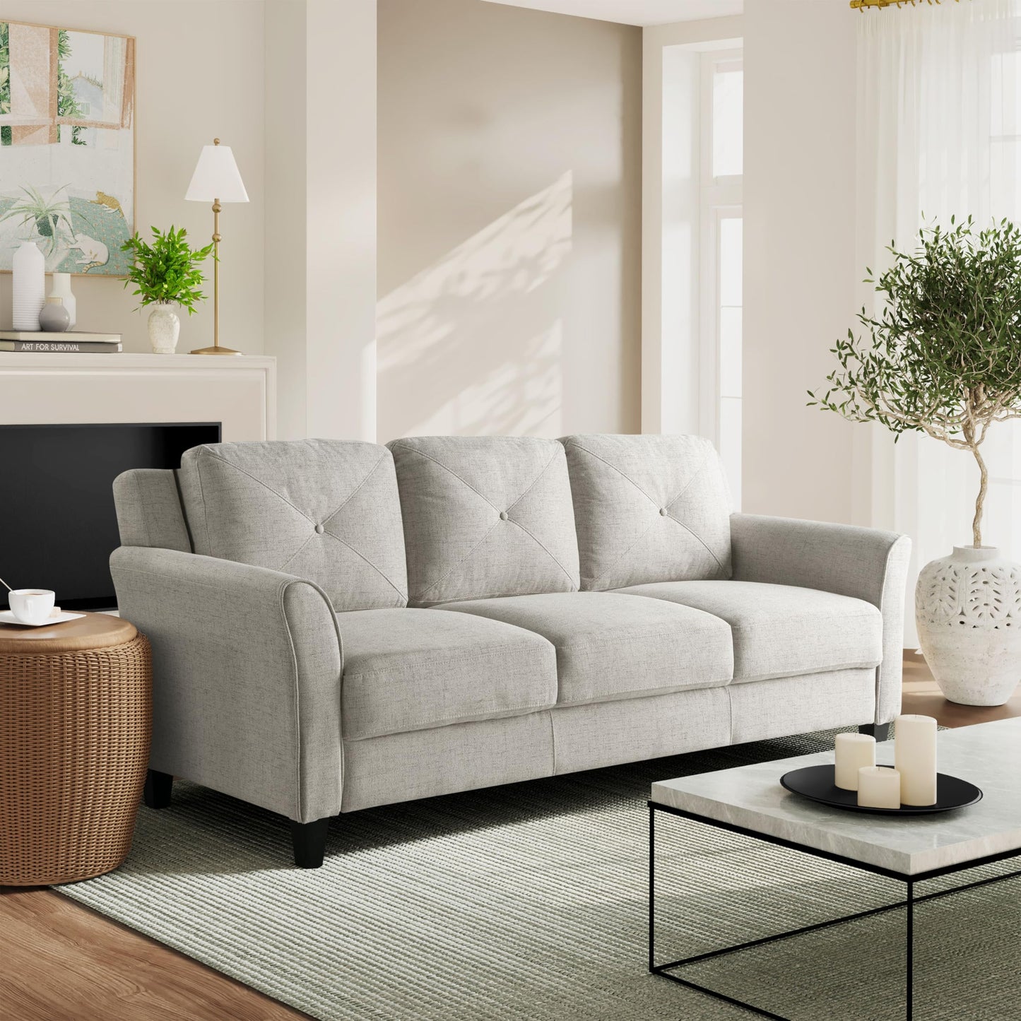 Studio Living Harrington 80.3" Sofa, Transitional Modern, Pocket Coil Comfort, Easy Assembly, Woven Fabric, Beige