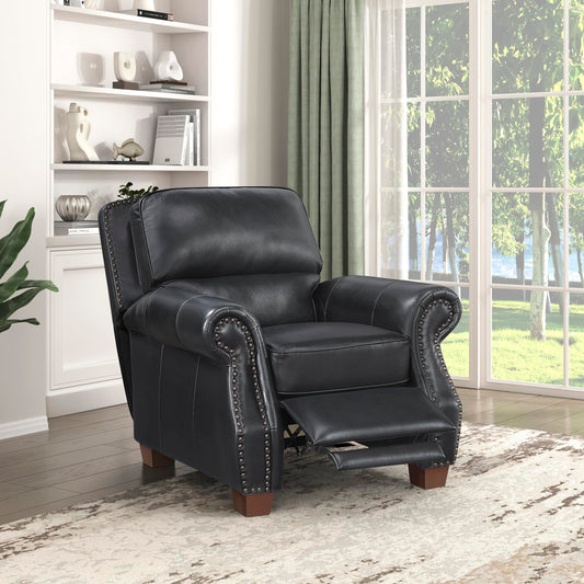 Lexicon Push Back Reclining Chair, Top Grain Leather Match Push Back Recliner Chair with Nailhead Trim, Rolled Arms, Solid Wood Legs, for Living Room/Apartment/Office, Easy Assembly, Black