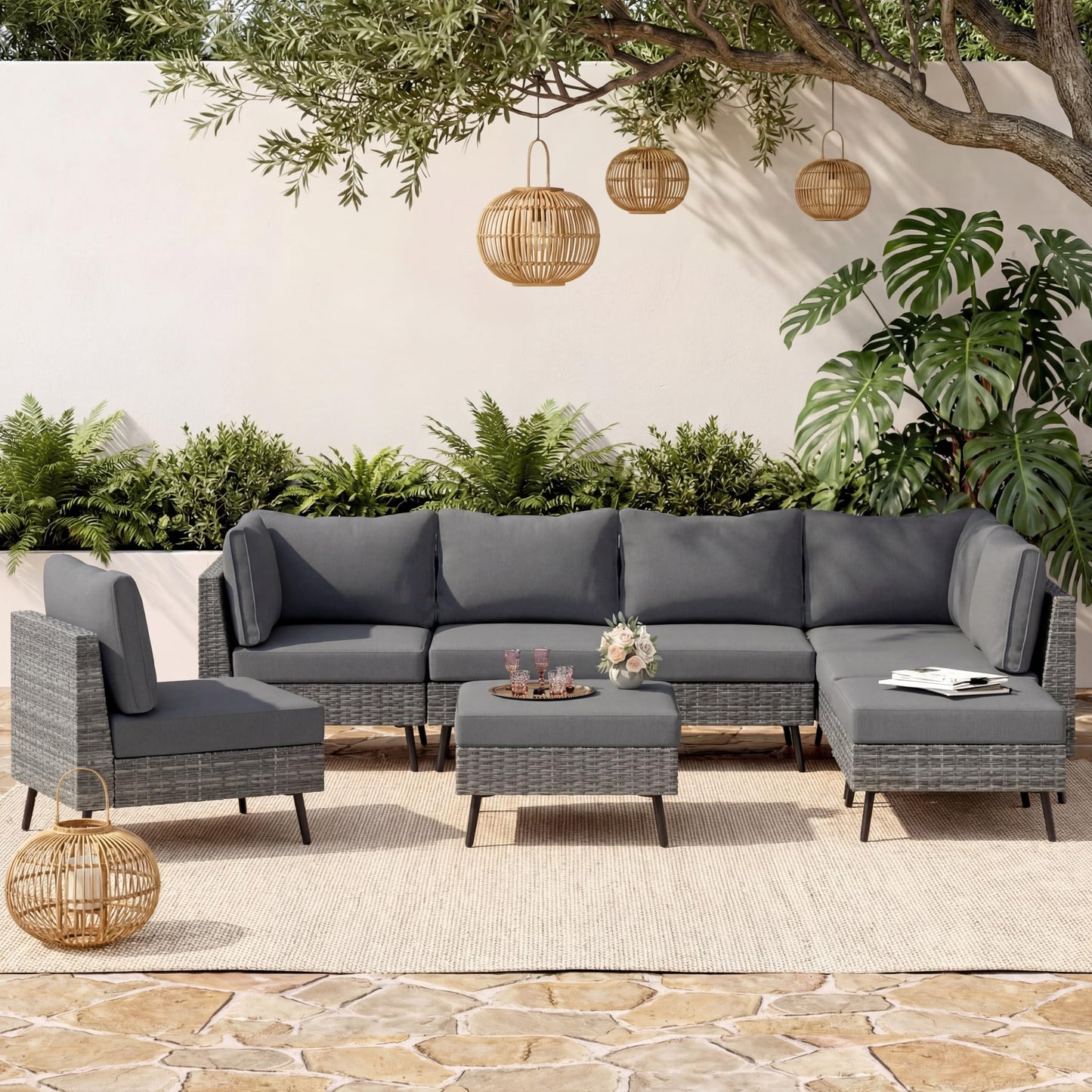 EO Living 8-Piece Patio Furniture Set, Outdoor Sectional Sofa PE Rattan Outdoor Patio Furniture with Thick Cushions, All Weather Patio Conversation Sets for Garden, Poolside, Backyard(Grey)