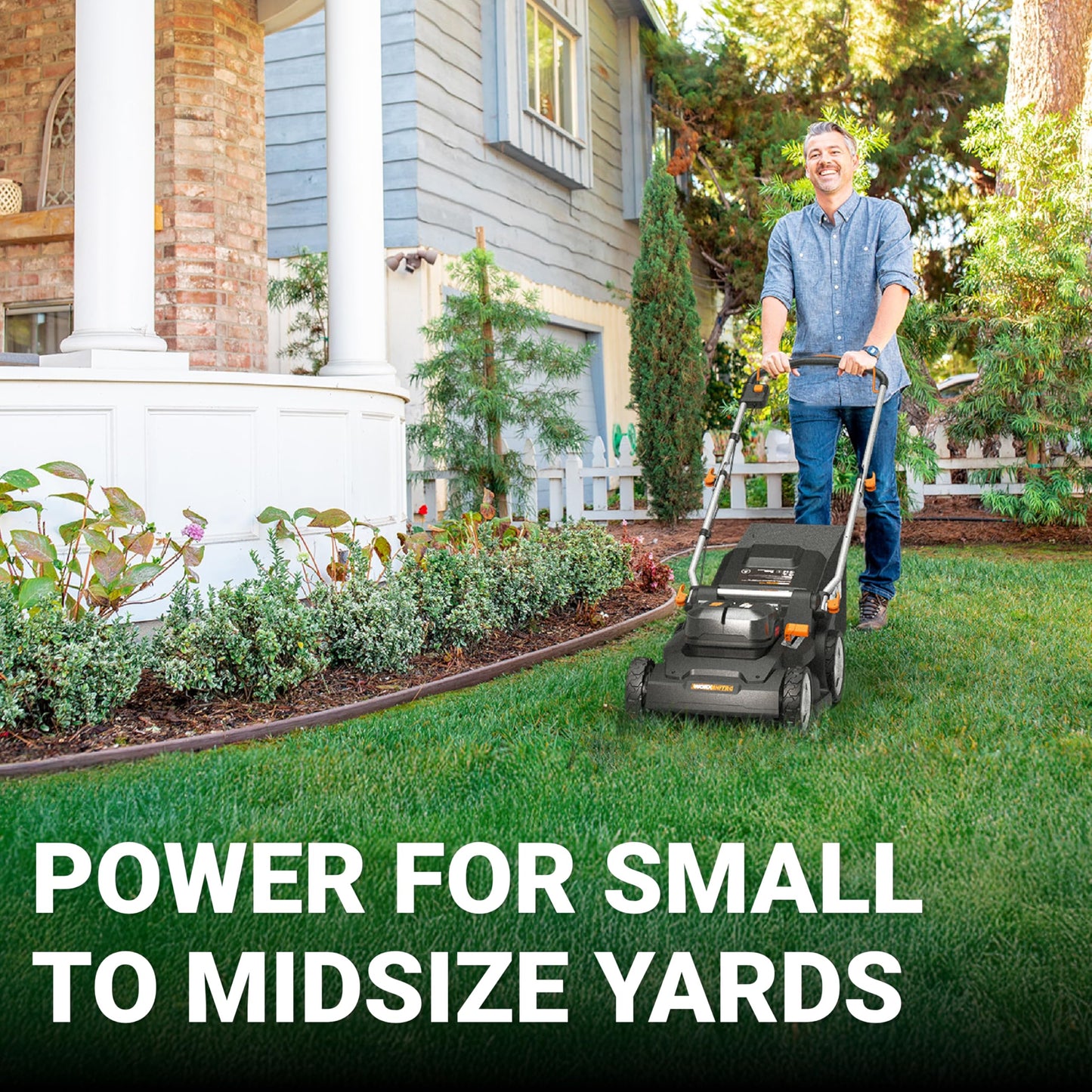 WORX Cordless Lawn Mower, 17" Electric Mower Cuts to Edge, Compact & Lightweight Push Lawn Mower with 6-Position Height Adjustment for Medium Size Yards, 2 Batteries & Charger Included, WG745