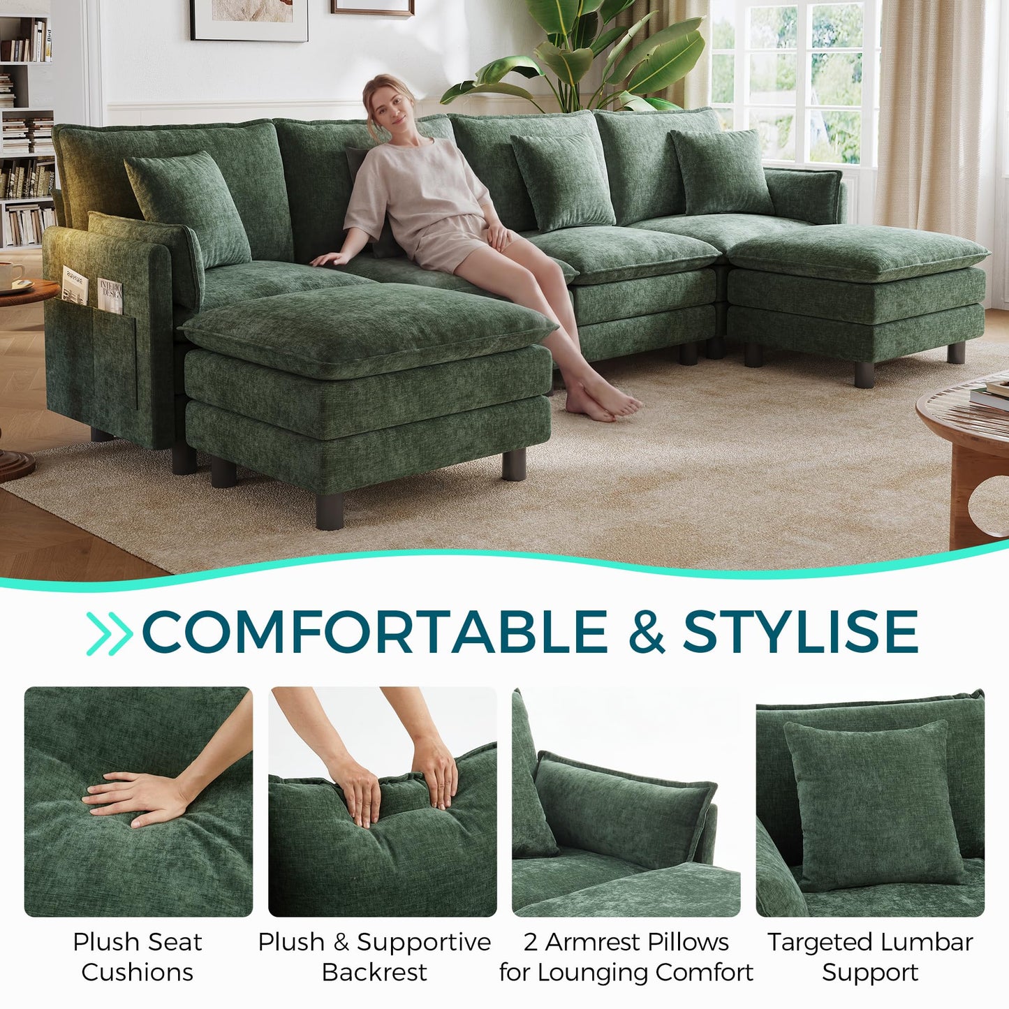 LINSY HOME 129'' Modular Sectional Sofa 4 Seat Couch Chenille Cloud Couch with Deep Seat, U Shaped Couch with 2 Movable Ottoman for Living Room, Office, Bedroom, Green(Pillows Included)