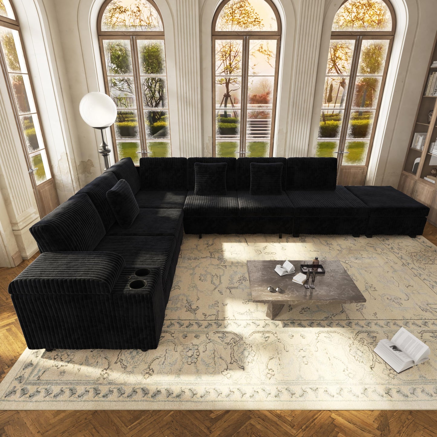 KEIKI 110" L-Shaped Oversized Plush Corduroy Modular Sectional Sofa with Pull-Out Bed, Convertible 6-Seater Sleeper Couch Bed with 1 Ottomans & USB & Cup Holders, Easy Assembly, for Living Room, Black