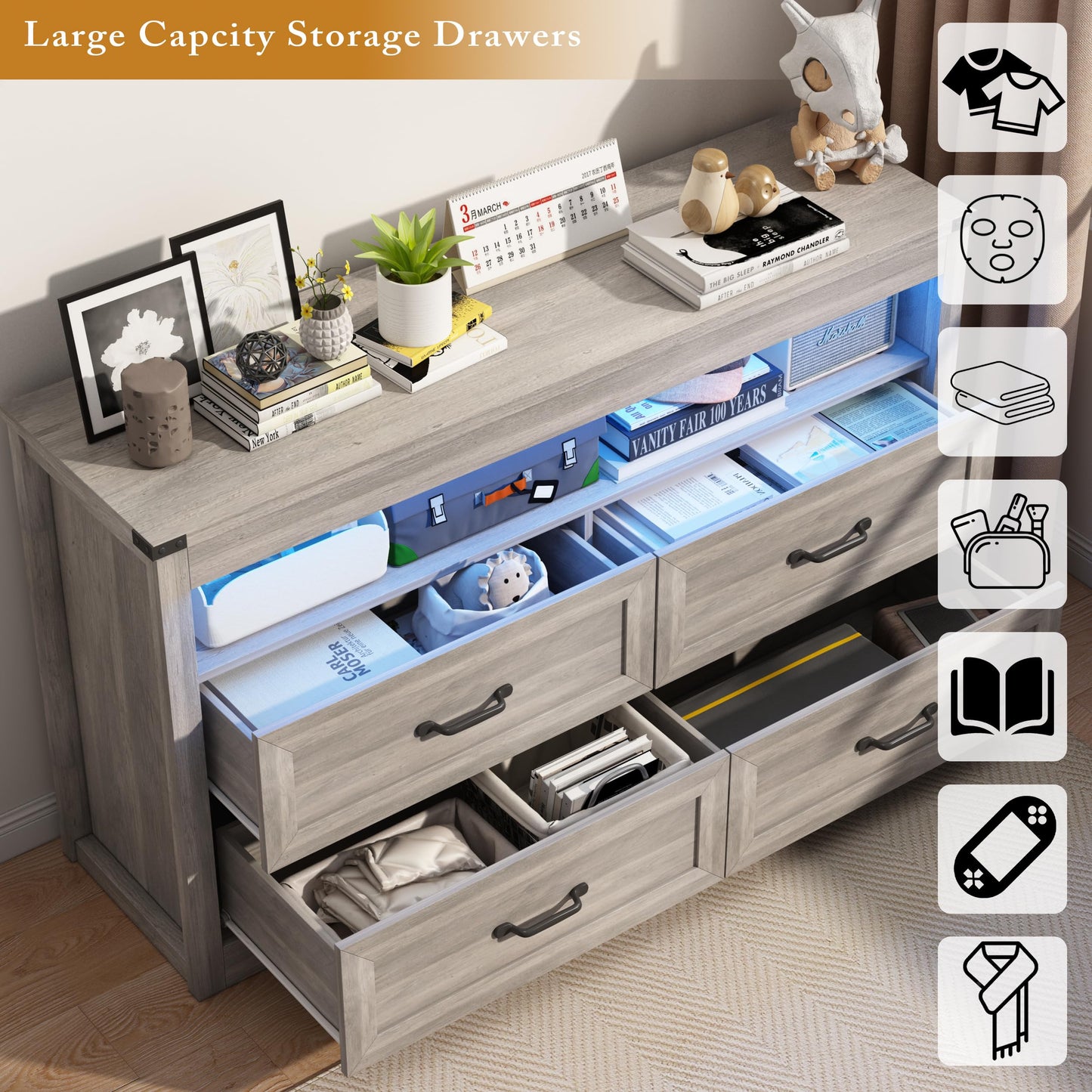 Wodeer Grey Dresser for Bedroom, Wooden 4 Drawer Dresser with LED Light, Dressers & Chests of Drawers with Metal Handles, Storage and Organization for Bedroom, Hallway, Entryway, Gray