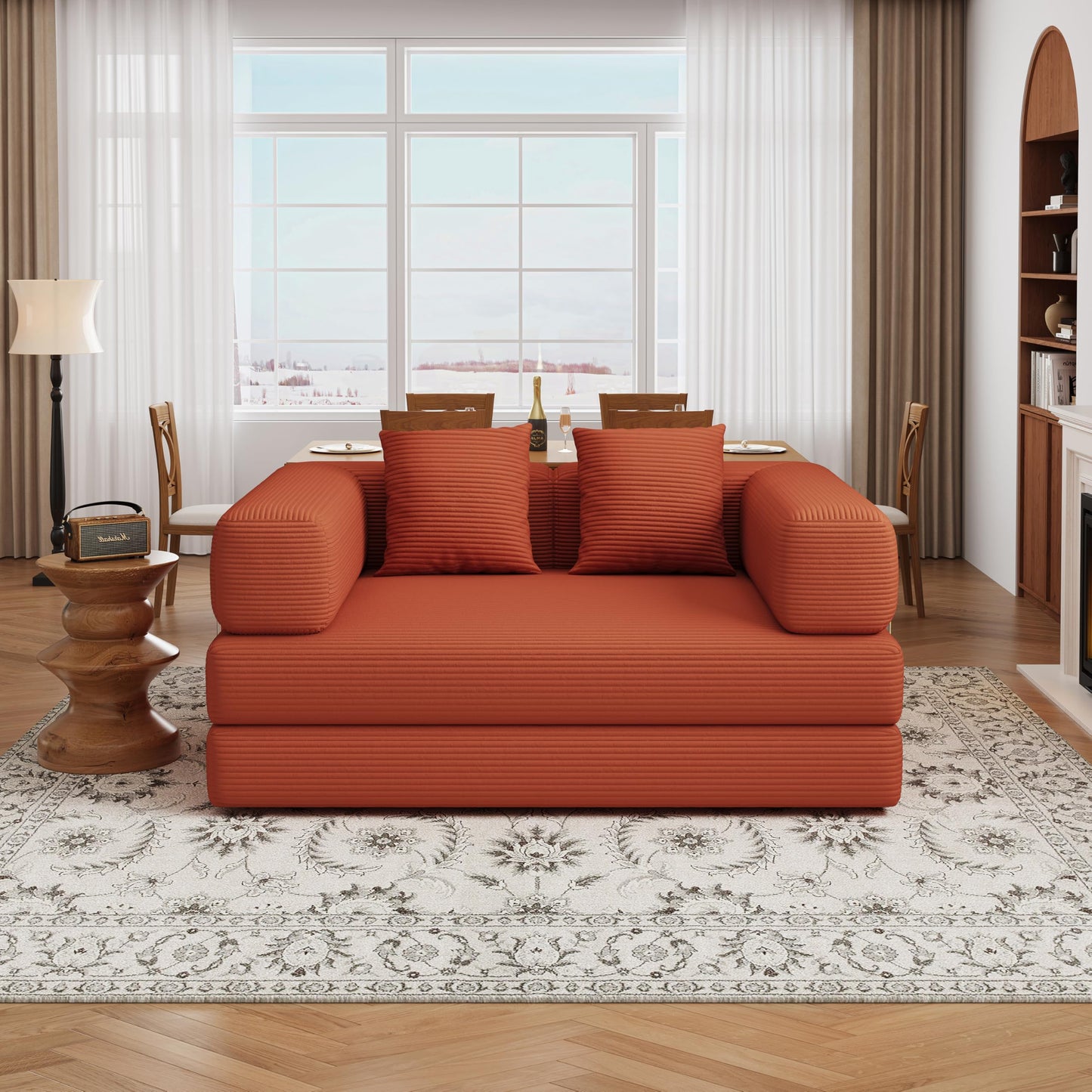Convertible Futon Sofa Bed, 2 Seater Corduroy Floor Queen Size Bed Foldable Sleeper Lounge Boneless Loveseat Couch with 2 Throw Pillows for Living Room Bedroom Guest Room(Orange, 53.15"Double Sofa)