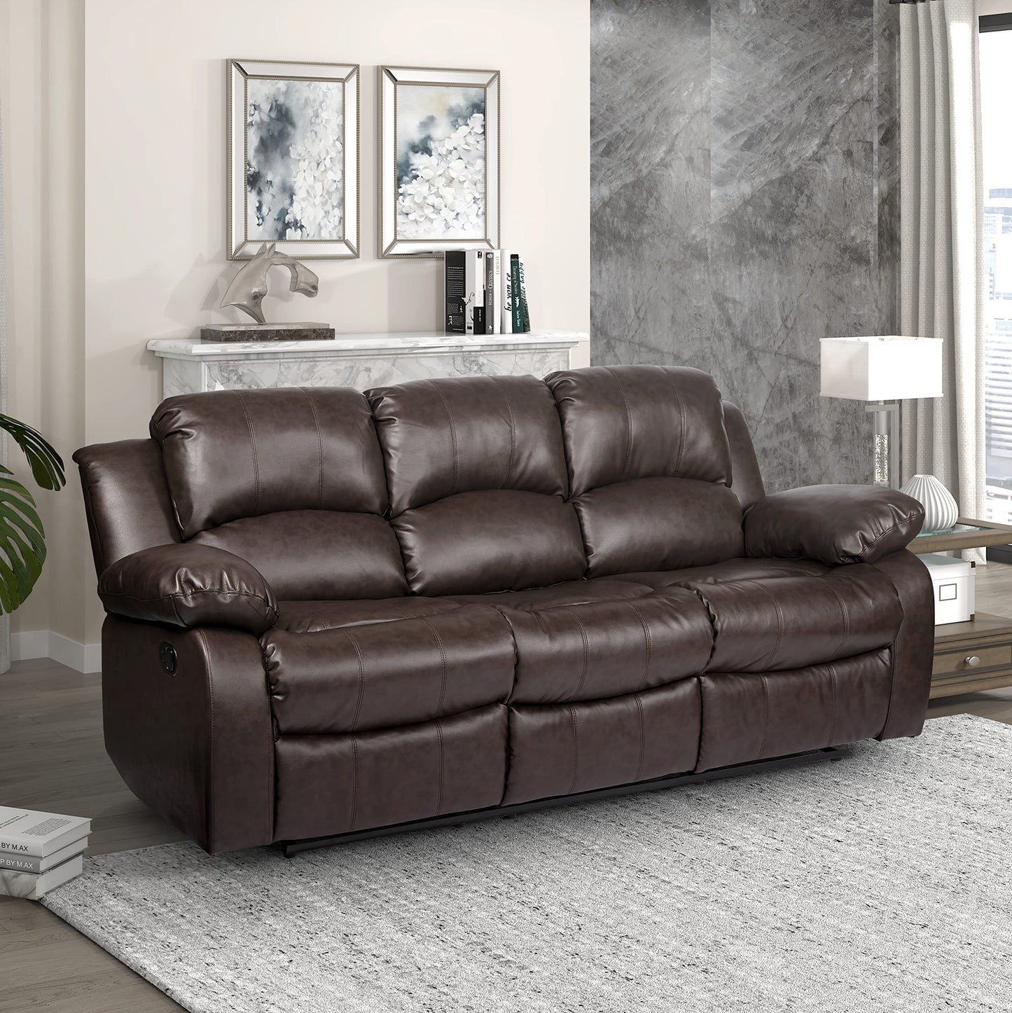 Lexicon Baluze Couch Recliner - Soft Faux Leather Double Reclining Sofa, Manual Pull Tab, Wall Hugger, High-Density Foam, Solid Wood Frame, Easy Assembly, 83" W, Living Room, RV - Brown