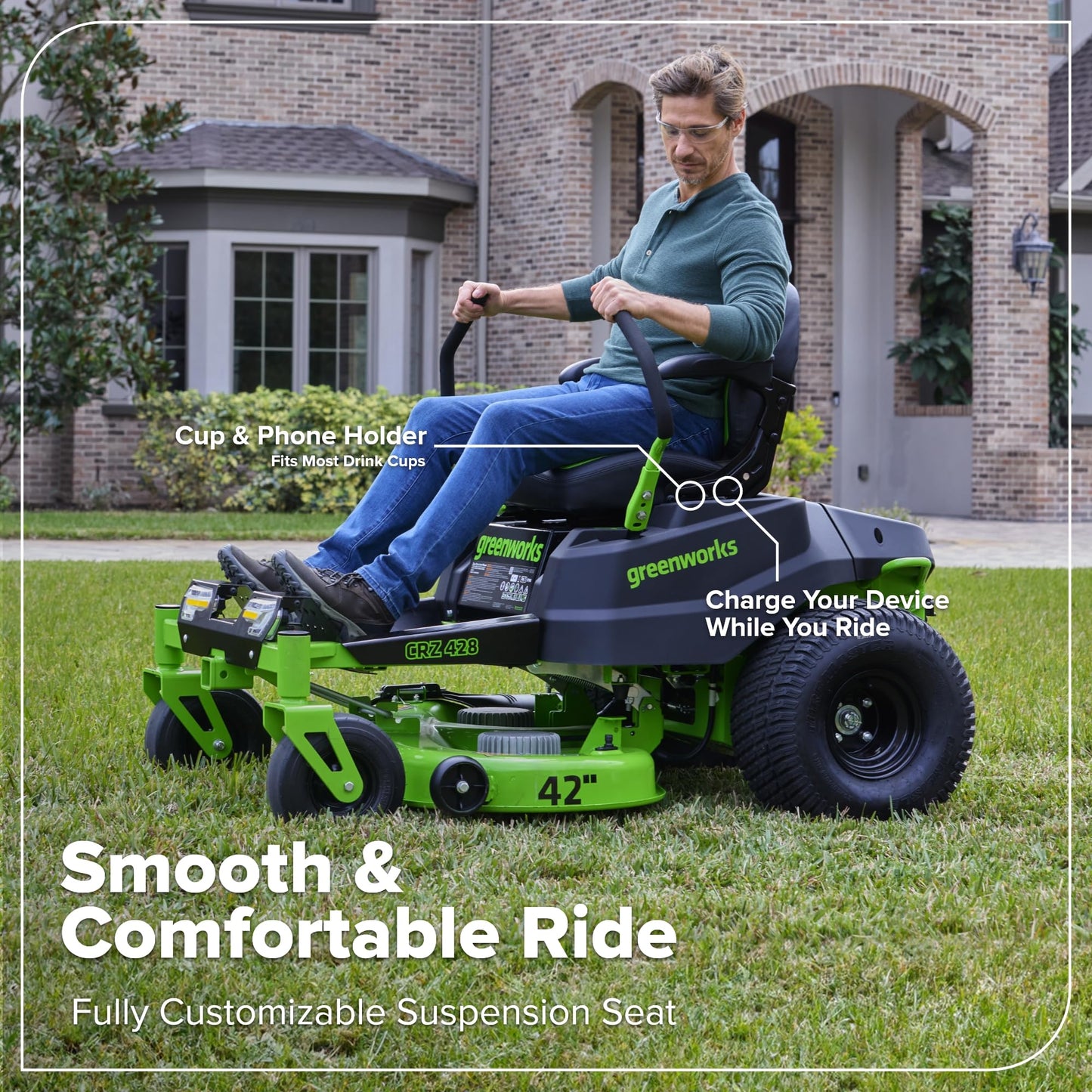 Greenworks 80V 42" CrossoverZ Zero Turn Riding Lawn Mower, (6) 6.0Ah Batteries and 600W Charger